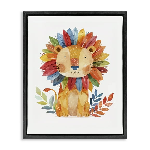 Stupell Industries Rainbow Blooms Lion Animals Painting Black Floater Framed Canvas Art Print Wall Art, 17 x 21
