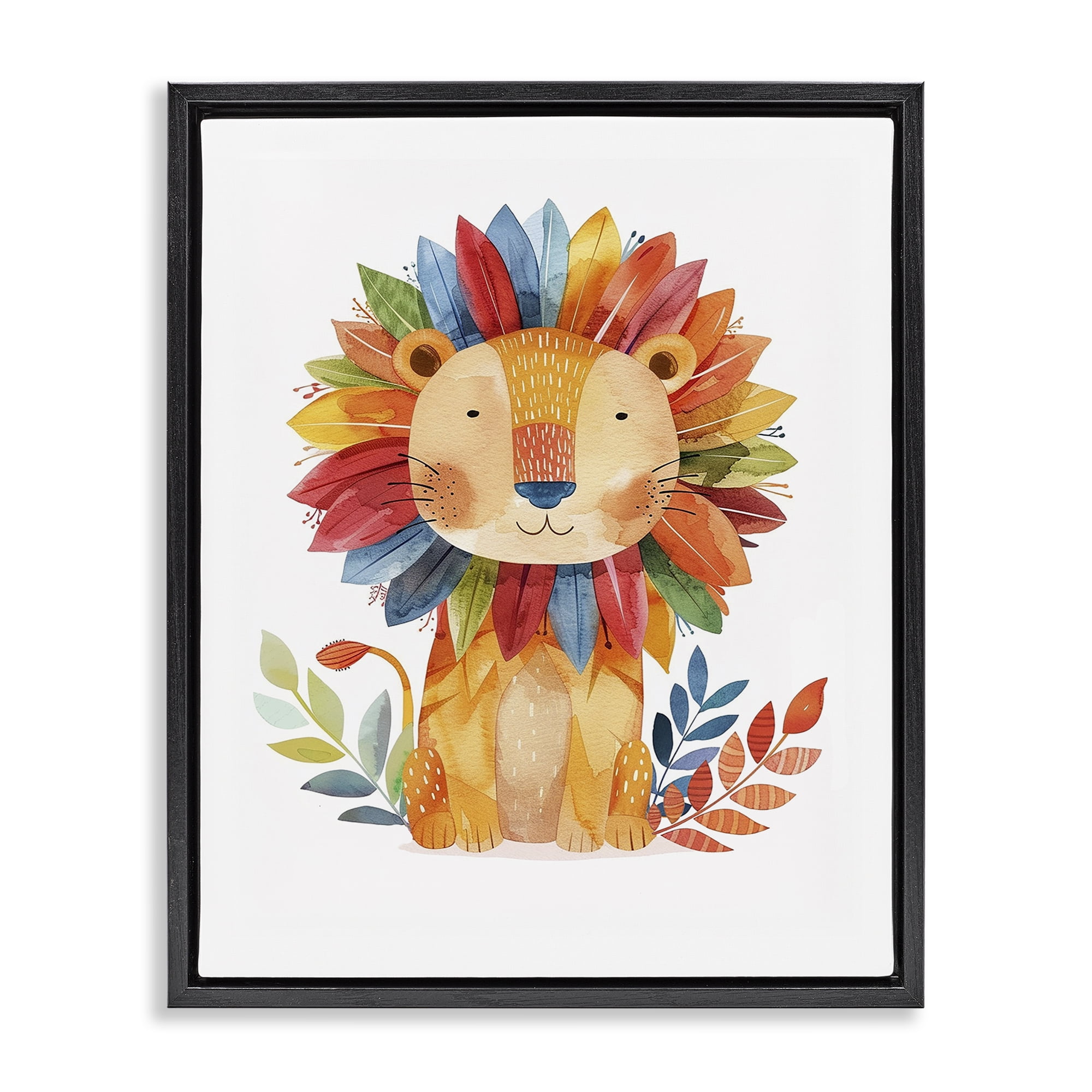 Stupell Industries Rainbow Blooms Lion Animals Painting Black Floater Framed Canvas Art Print Wall Art, 25 x 31