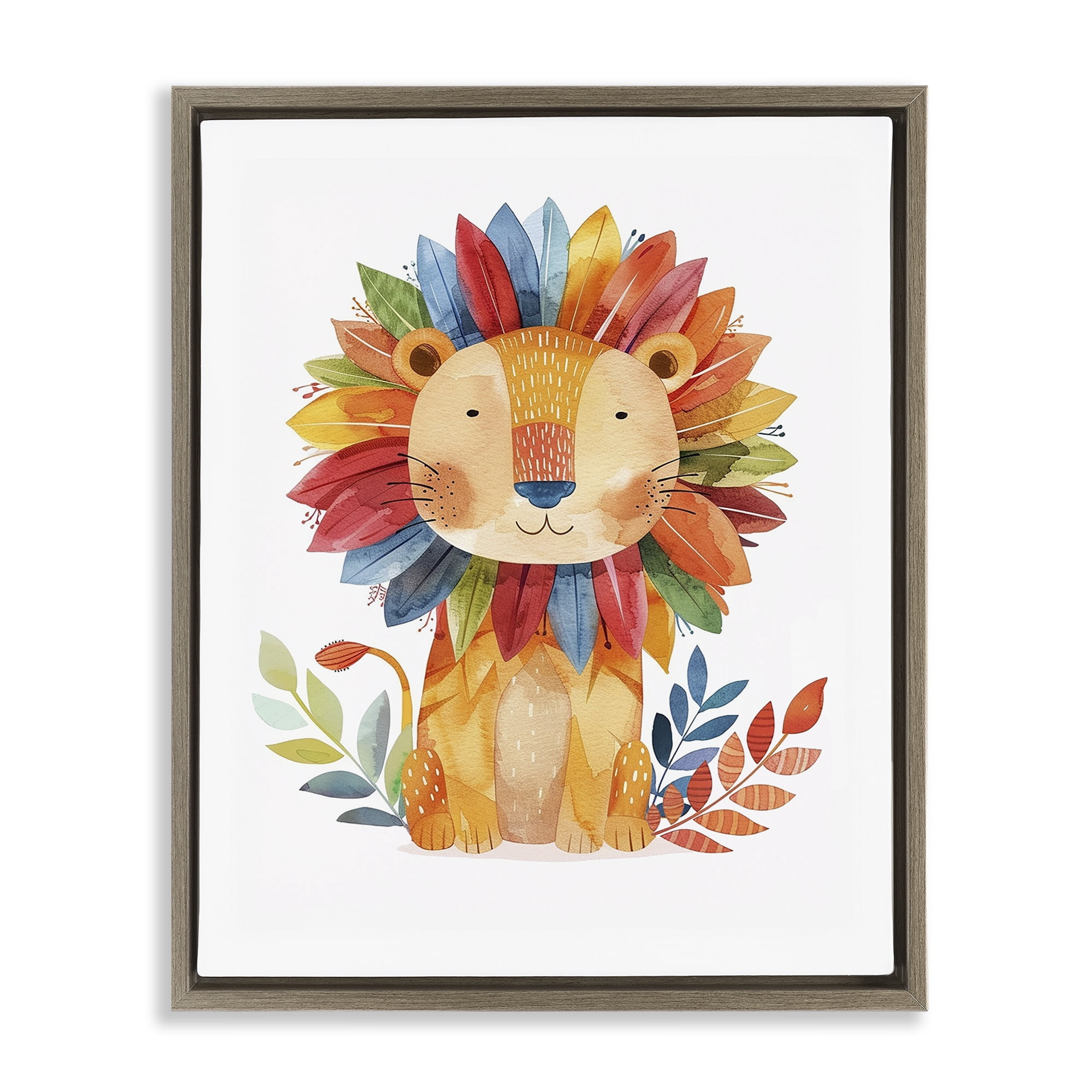 Stupell Industries Rainbow Blooms Lion Animals Painting Brown Floater Framed Canvas Art Print Wall Art, 25 x 31