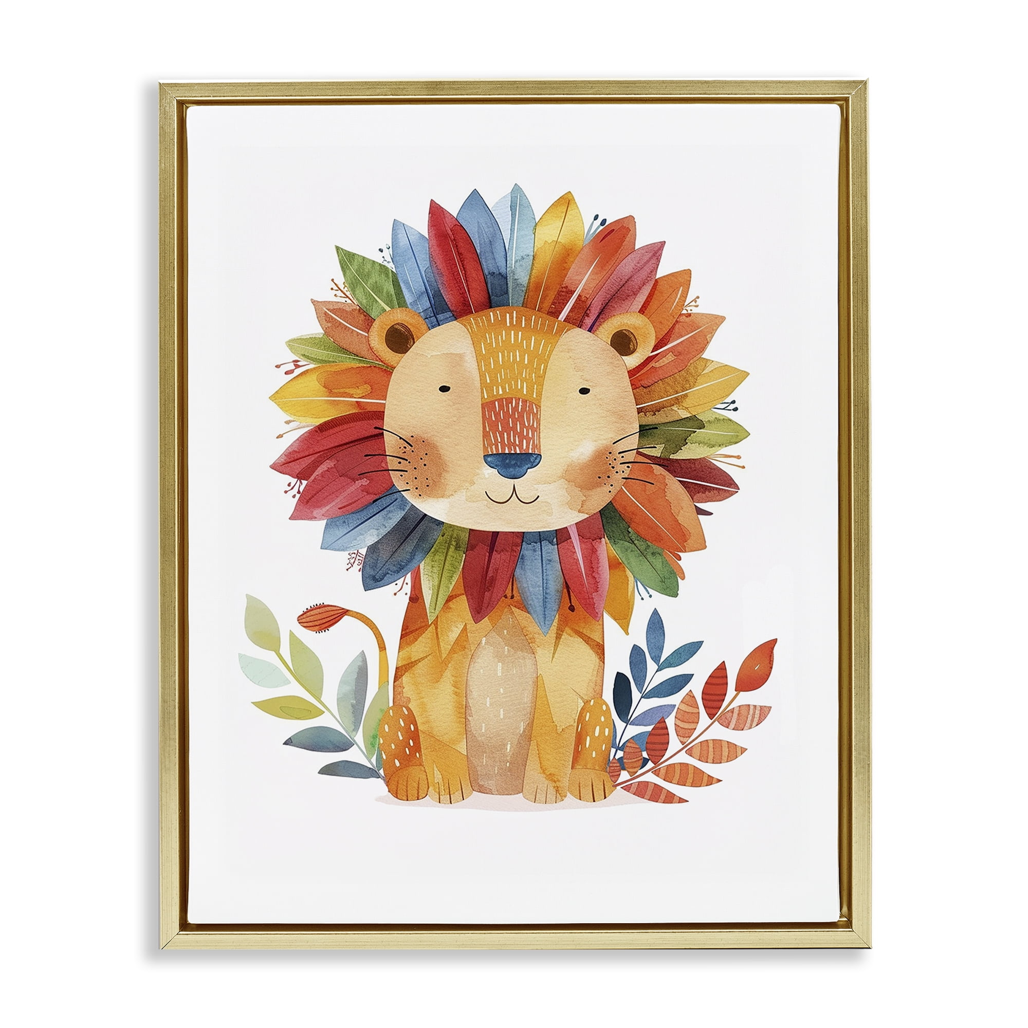 Stupell Industries Rainbow Blooms Lion Animals Painting Gold Floater Framed Canvas Art Print Wall Art, 17 x 21