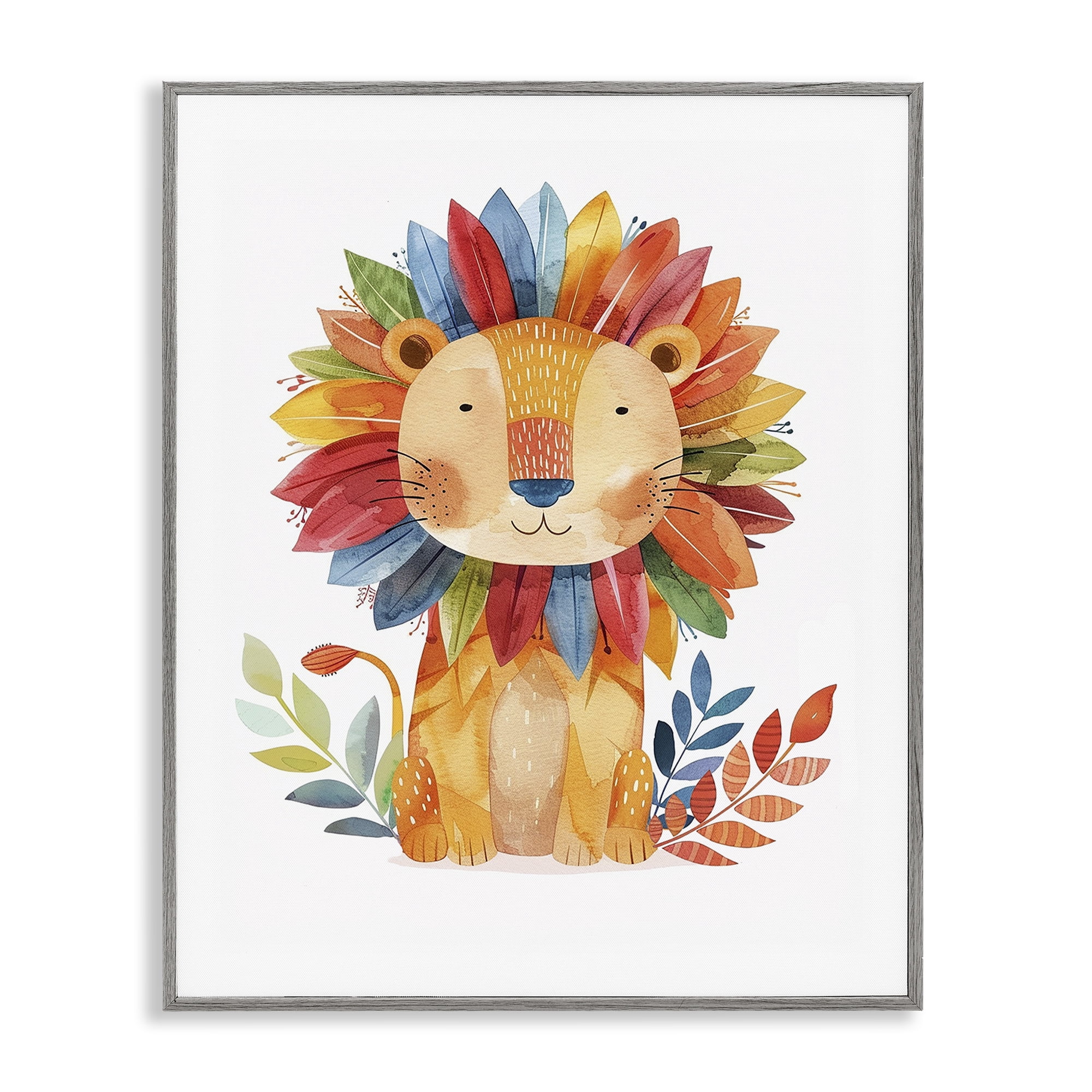 Stupell Industries Rainbow Blooms Lion Animals Painting Gray Framed Art Print Wall Art, 16 x 20