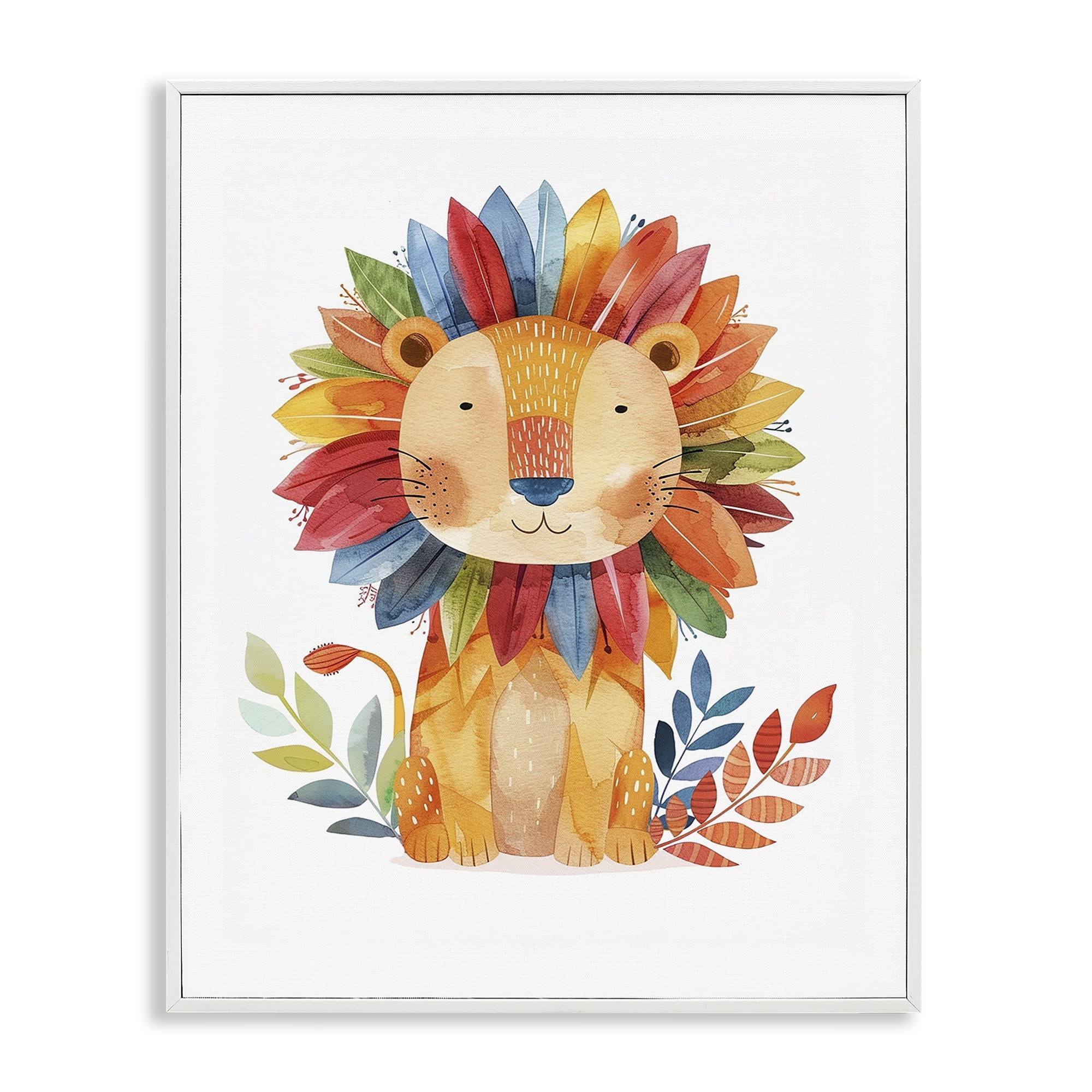 Stupell Industries Rainbow Blooms Lion Animals Painting White Framed Art Print Wall Art, 11 x 14