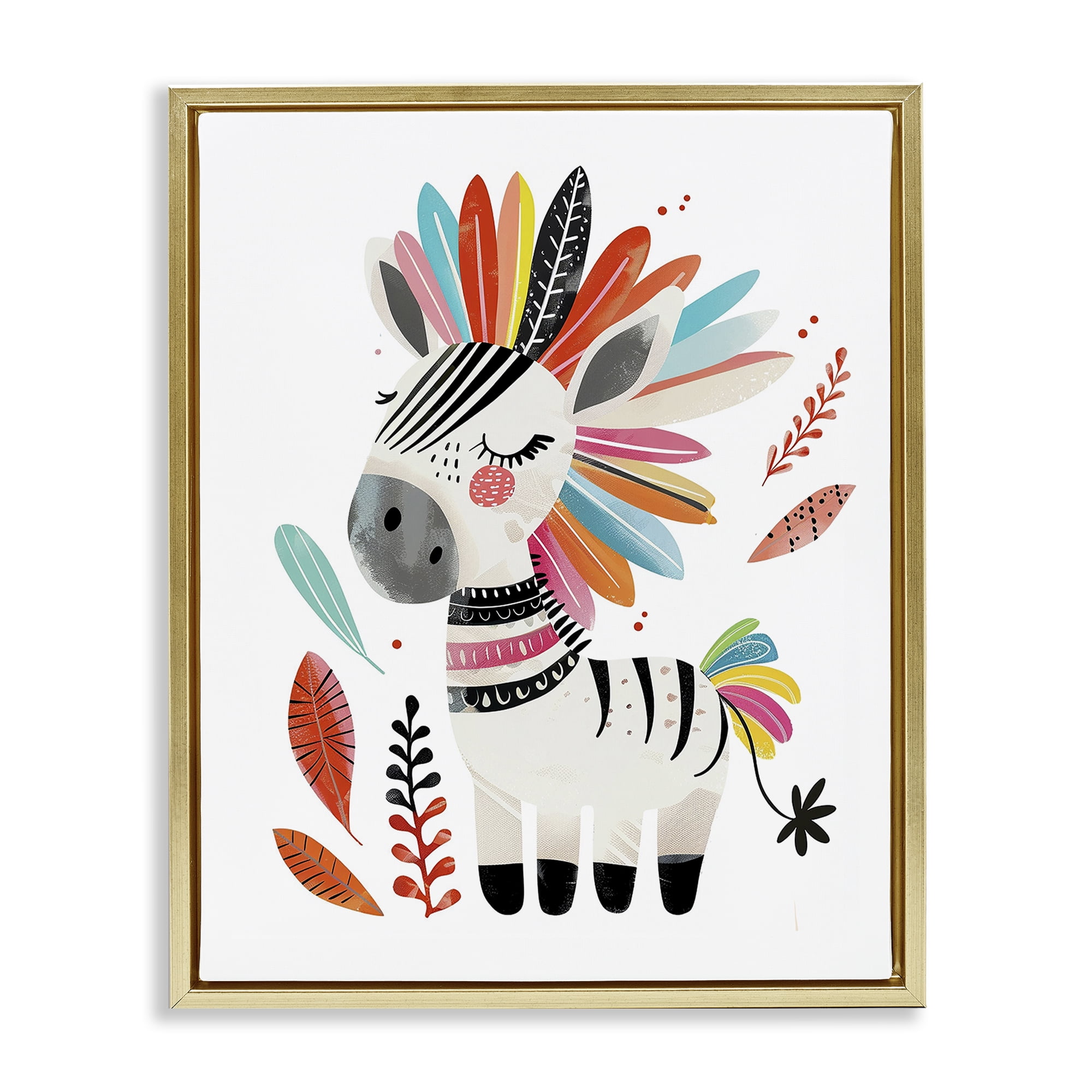 Stupell Industries Rainbow Blooms Zebra Animals Painting Gold Floater Framed Canvas Art Print Wall Art, 17 x 21
