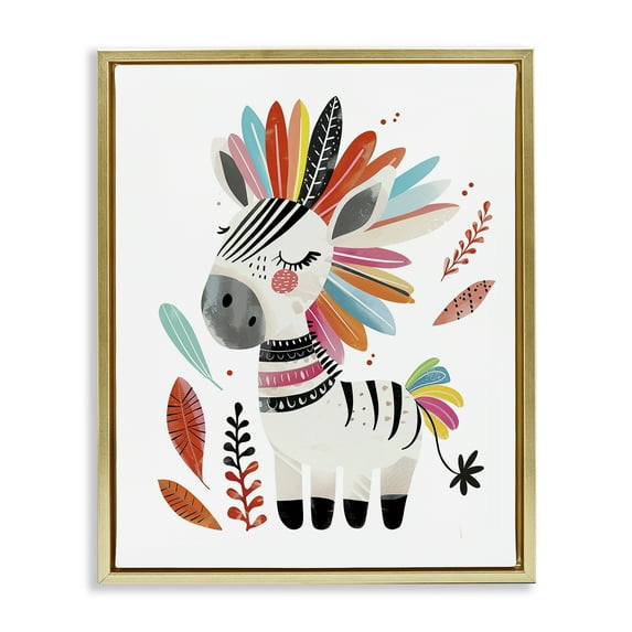 Stupell Industries Rainbow Blooms Zebra Animals Painting Gold Floater Framed Canvas Art Print Wall Art, 17 x 21