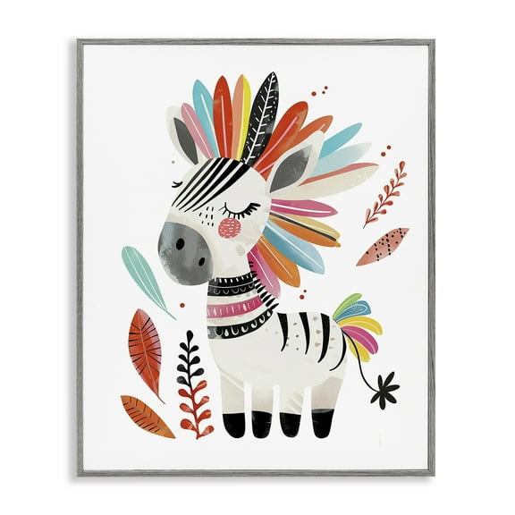 Stupell Industries Rainbow Blooms Zebra Animals Painting Gray Framed Art Print Wall Art, 11 x 14