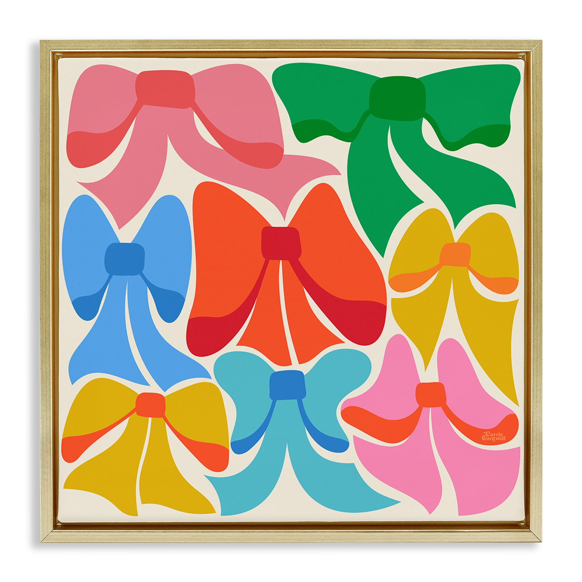 Stupell Industries Rainbow Bows Ribbon Shapes Fashion Painting Gold Floater Framed Canvas Art Print Wall Art, 18 x 18