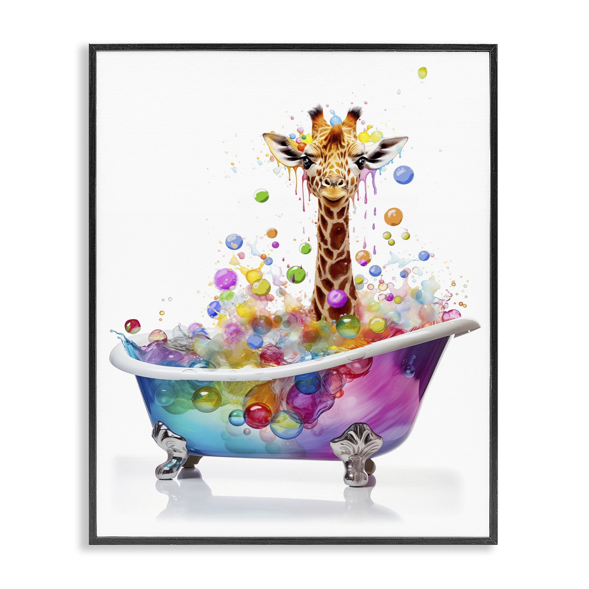 Stupell Industries Rainbow Bubble Bath Giraffe Bath & Laundry Painting Black Framed Art Print Wall Art, 11 x 14