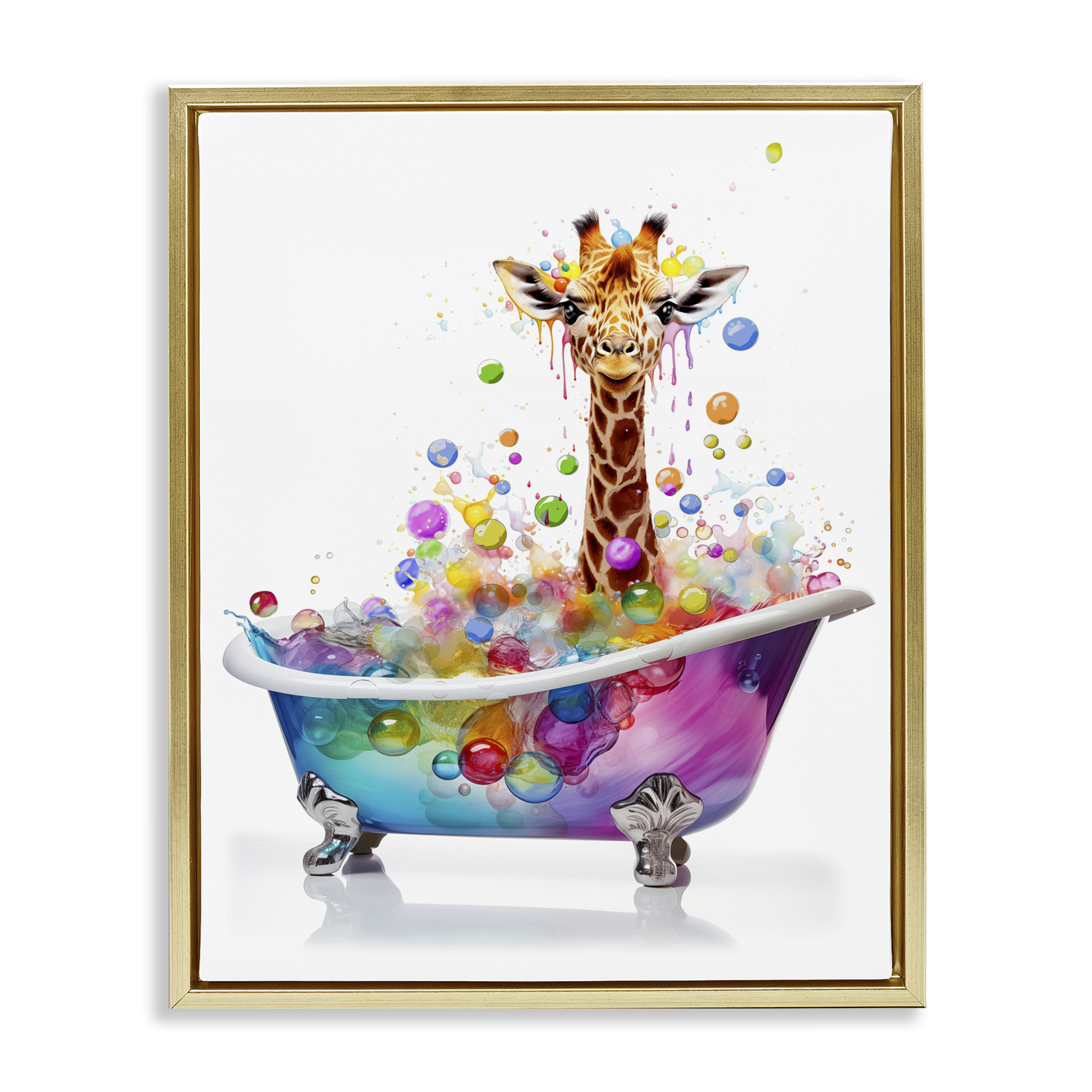 Stupell Industries Rainbow Bubble Bath Giraffe Bath & Laundry Painting Gold Floater Framed Canvas Art Print Wall Art, 17 x 21