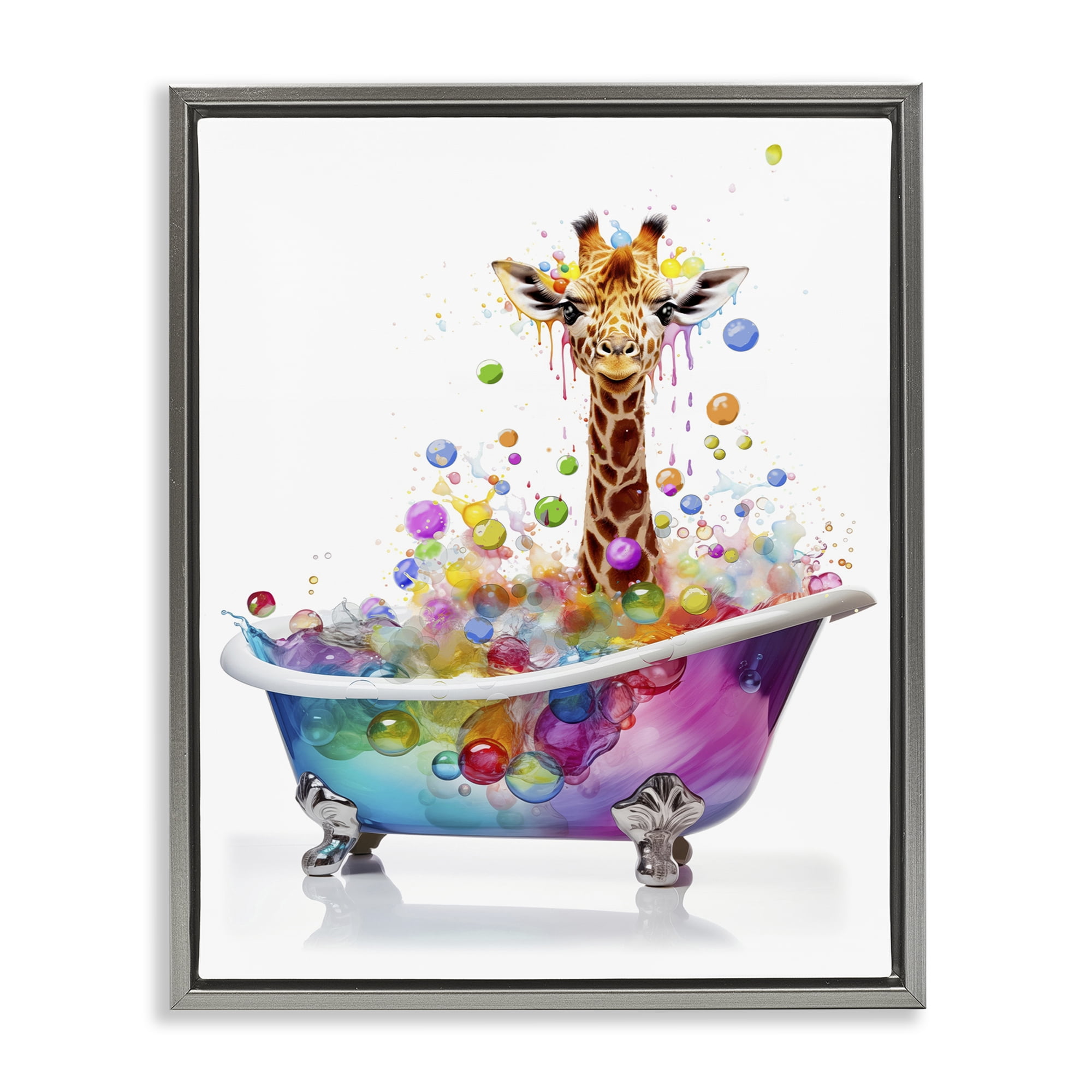 Stupell Industries Rainbow Bubble Bath Giraffe Bath & Laundry Painting Gray Floater Framed Canvas Art Print Wall Art, 25 x 31