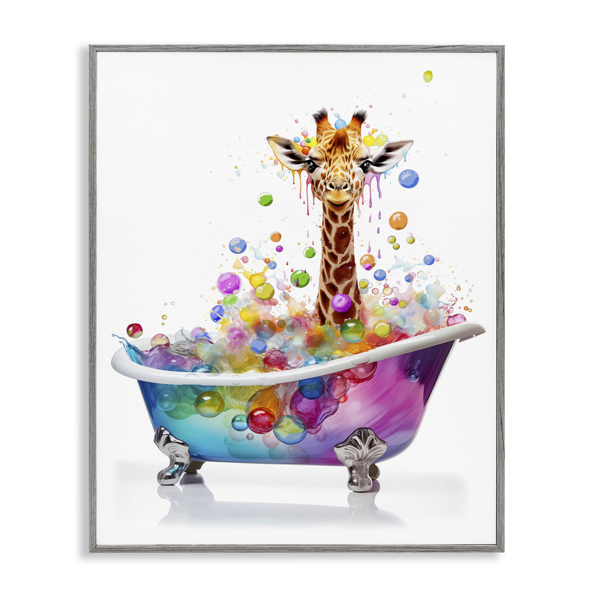 Stupell Industries Rainbow Bubble Bath Giraffe Bath & Laundry Painting Gray Framed Art Print Wall Art, 11 x 14