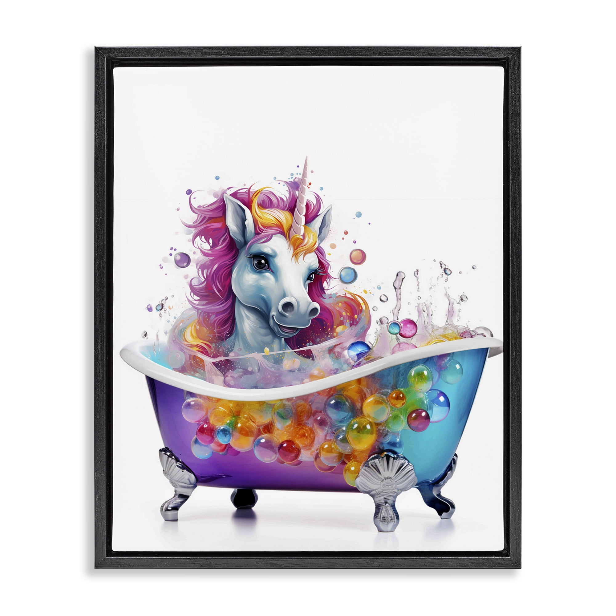 Stupell Industries Rainbow Bubbles Unicorn Typography Painting Black Floater Framed Canvas Art Print Wall Art, 17 x 21
