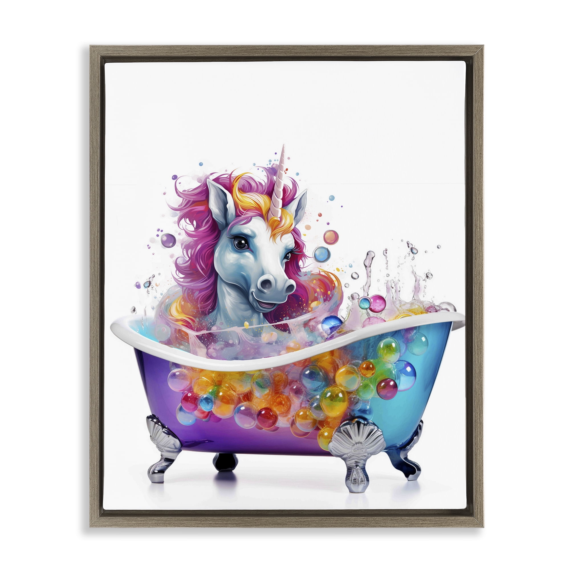 Stupell Industries Rainbow Bubbles Unicorn Typography Painting Brown Floater Framed Canvas Art Print Wall Art, 25 x 31