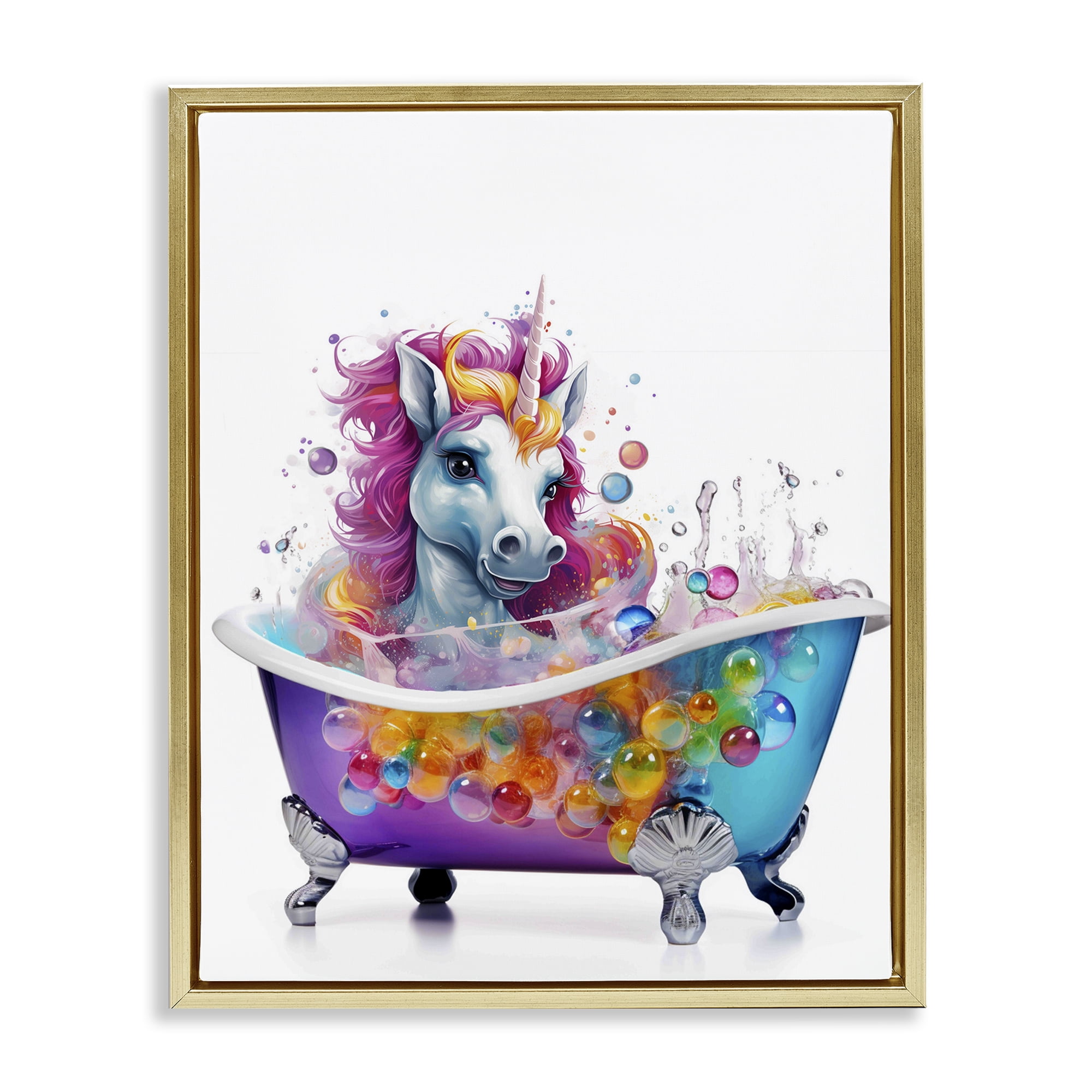 Stupell Industries Rainbow Bubbles Unicorn Typography Painting Gold Floater Framed Canvas Art Print Wall Art, 25 x 31
