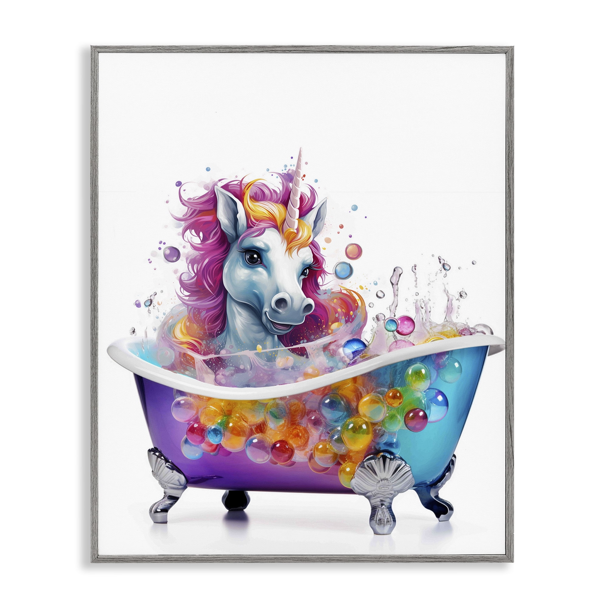 Stupell Industries Rainbow Bubbles Unicorn Typography Painting Gray Framed Art Print Wall Art, 16 x 20