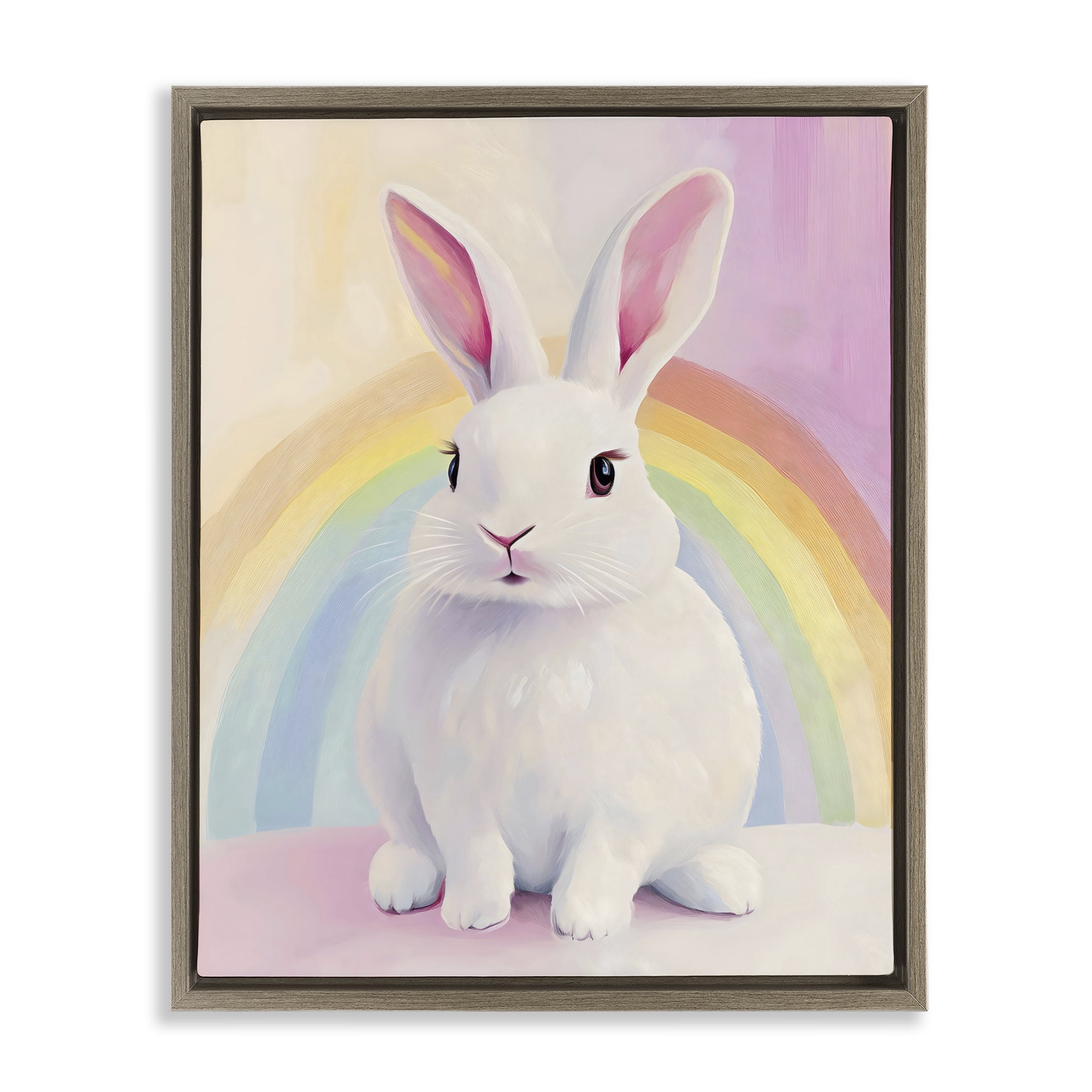Stupell Industries Rainbow Bunny in Pastel Hues Brown Framed Floater Canvas Wall Art, design by The Prints Vibe