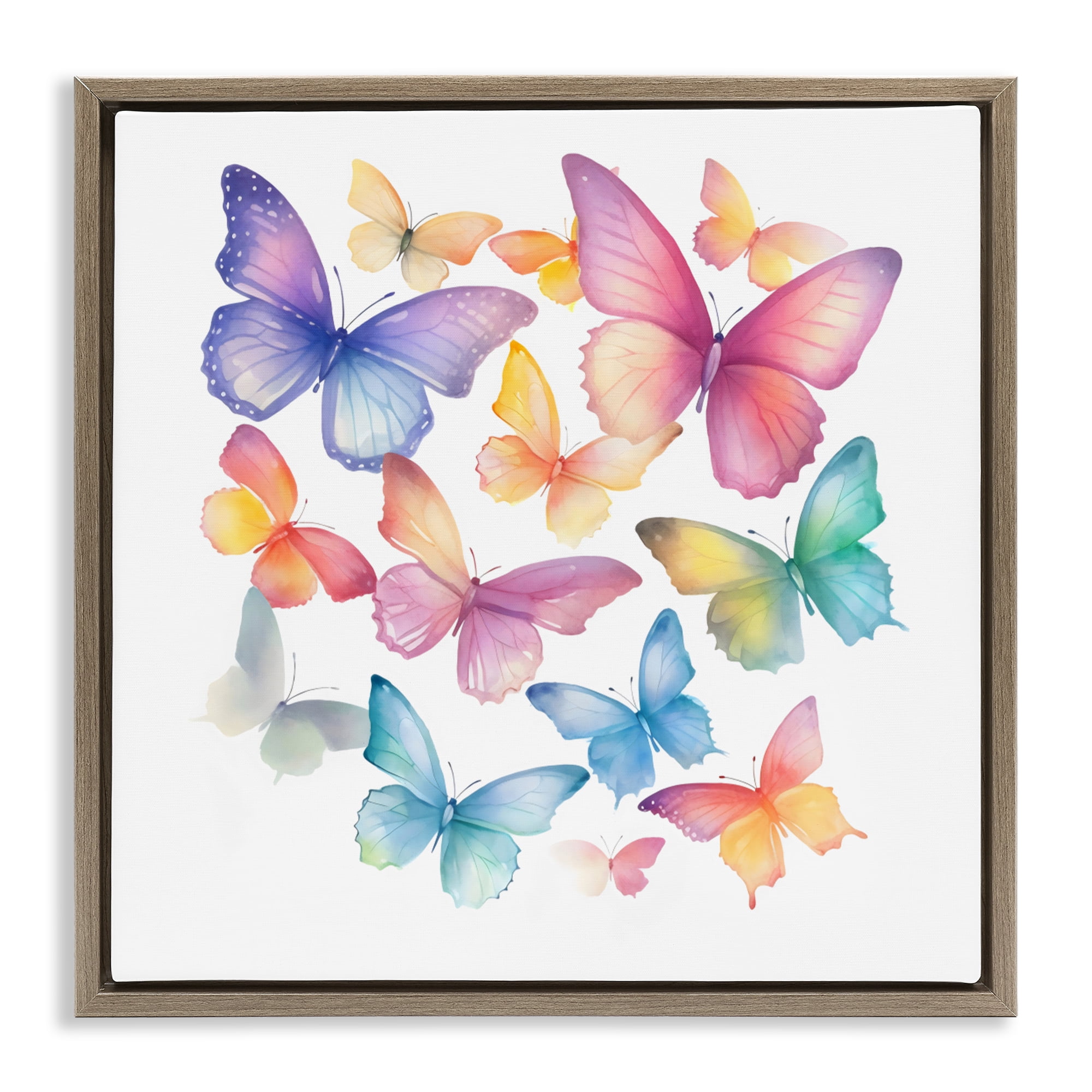 Stupell Industries Rainbow Butterflies Rabble Brown Framed Floater Canvas Wall Art, design by Creative Studio