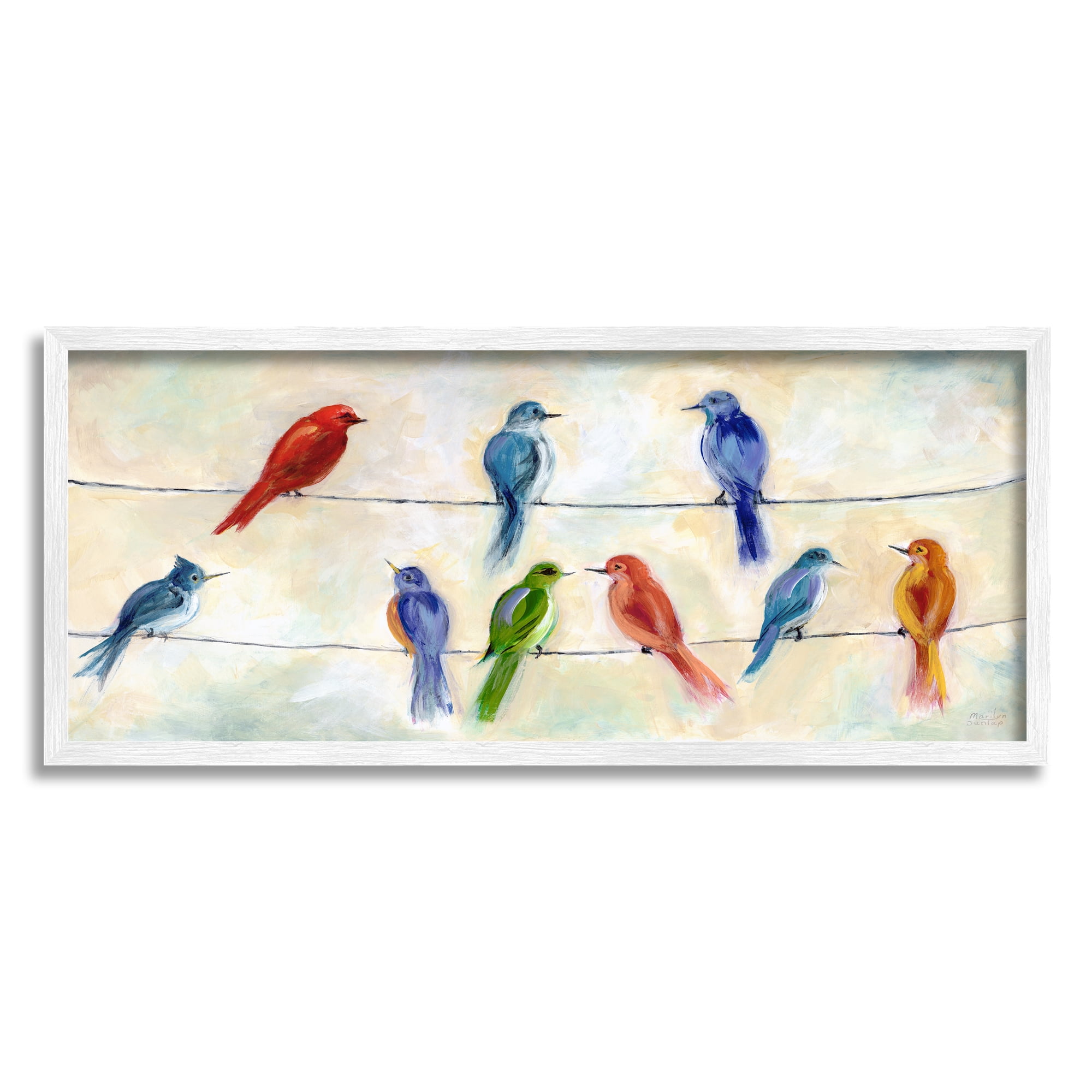 Stupell Industries Rainbow Canary Birds Sitting Wire Cloudy Day Painting, 30 x 13, Design by Marilyn Dunlap
