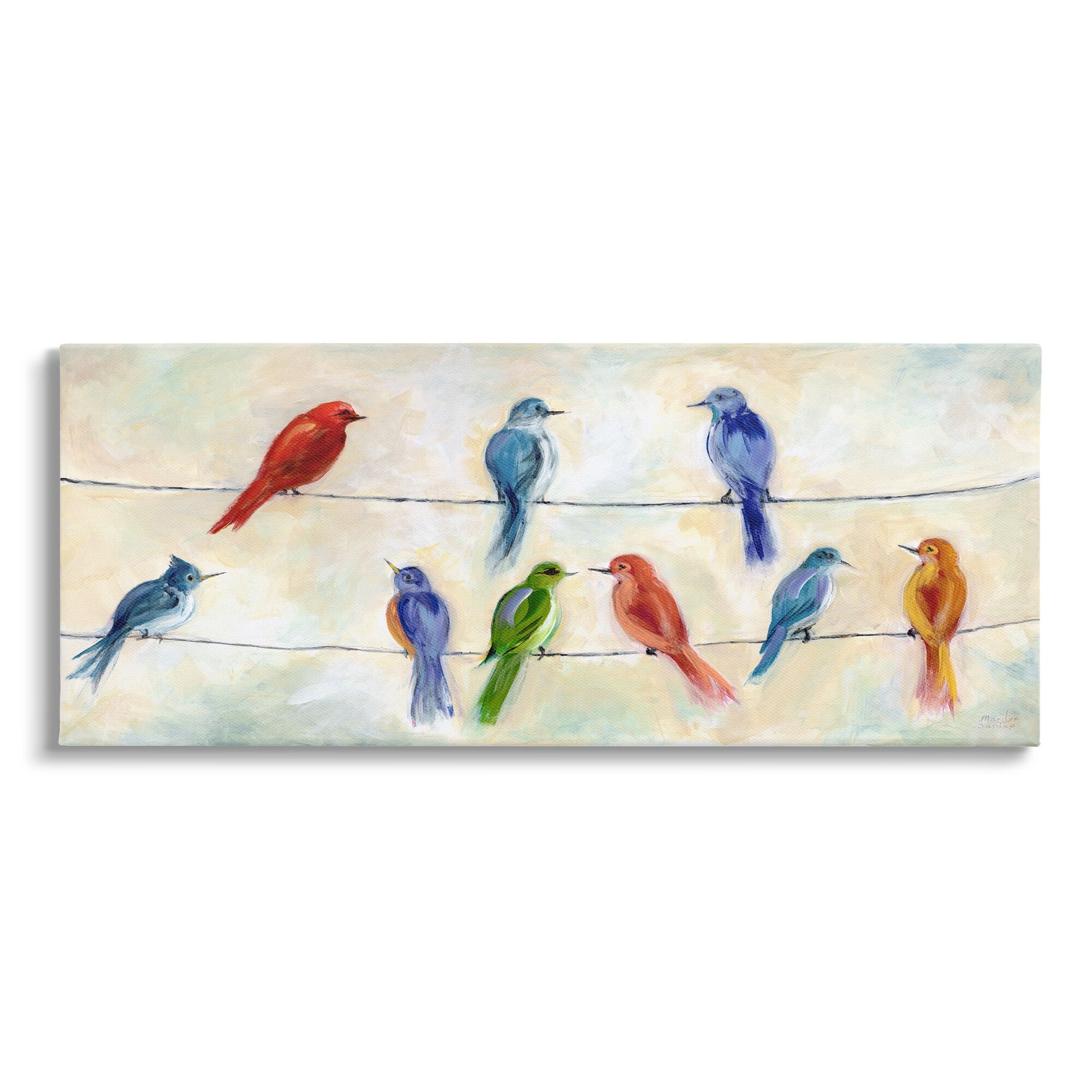 Stupell Industries Rainbow Canary Birds Sitting Wire Cloudy Day Painting, 40 x 17, Design by Marilyn Dunlap