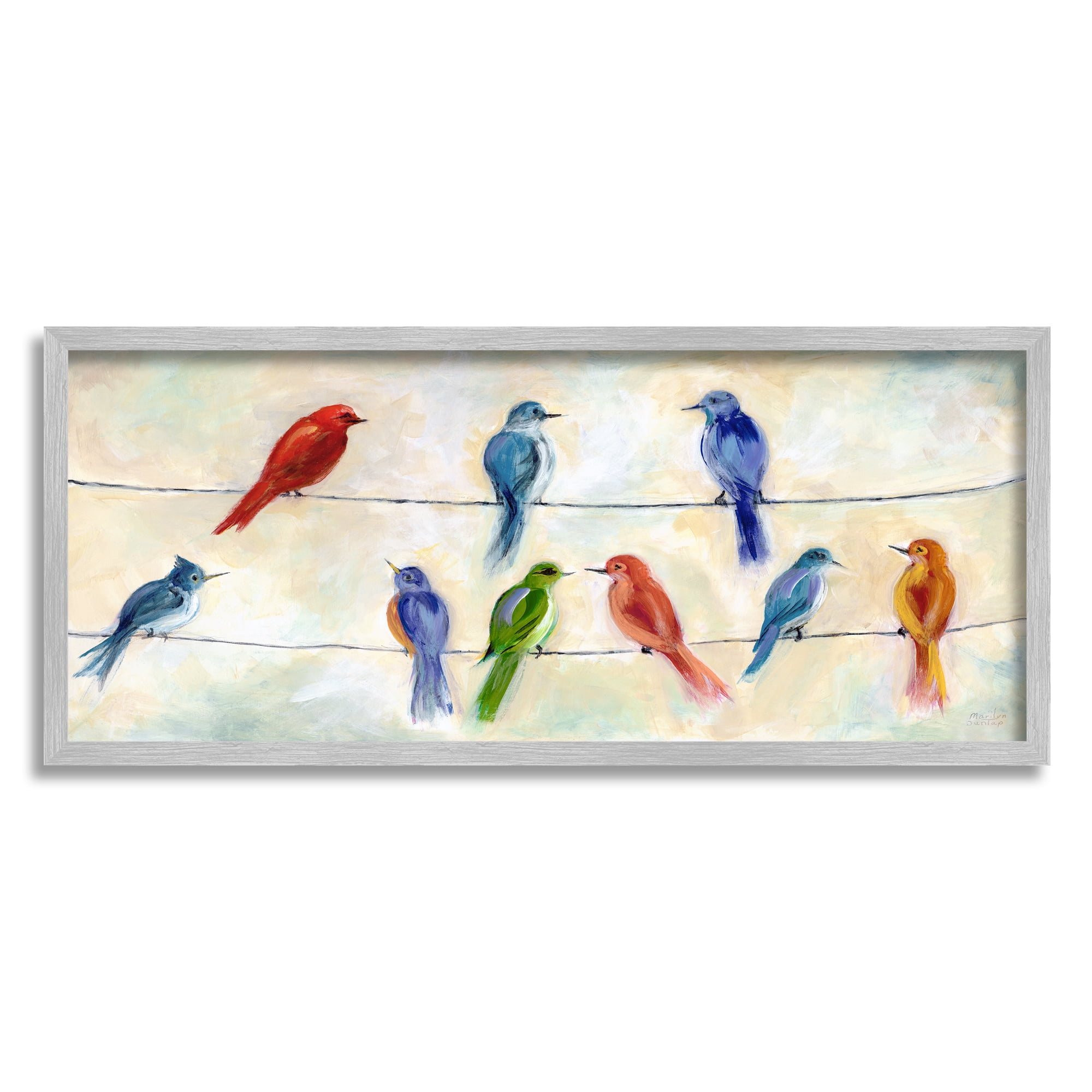 Stupell Industries Rainbow Canary Birds Sitting Wire Cloudy Day Painting Gray Framed Art Print Wall Art, 30x13, by Marilyn Dunlap