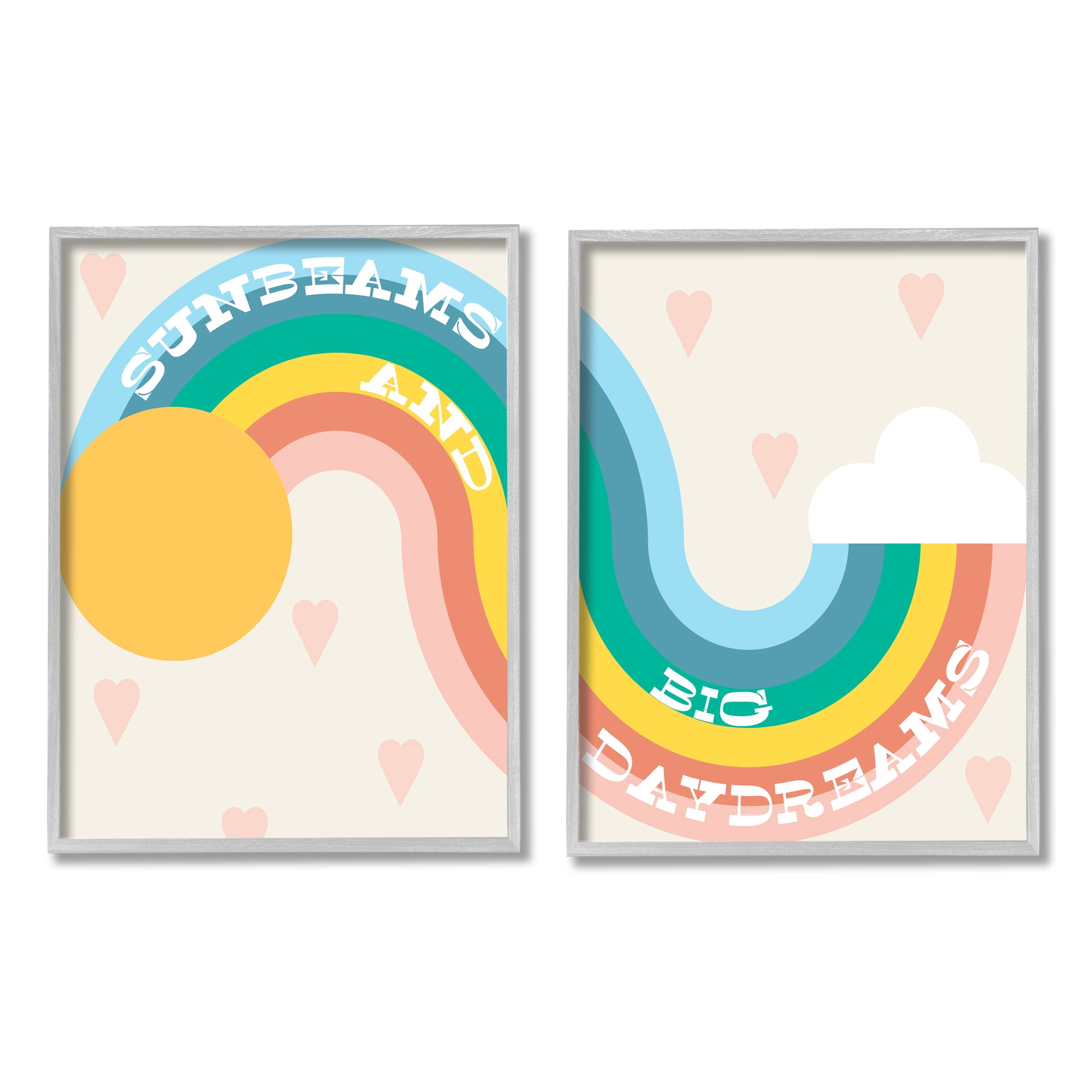 Stupell Industries Rainbow Cloud Daydream Quote Heart Patten Design Graphic Art Gray Framed Art Print Wall Art Set of 2, 24x30, by Daphne Polselli