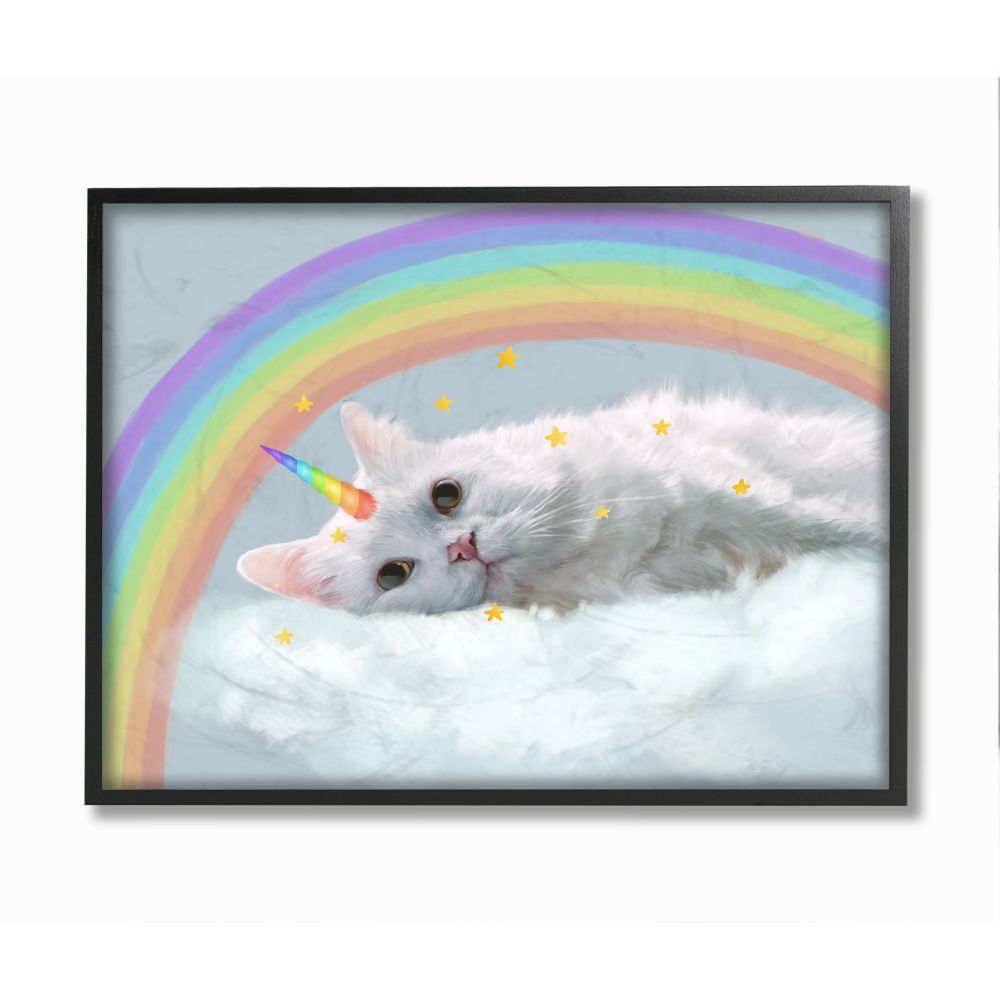 Stupell Industries Rainbow Cloud Fantasy Cat Feline Unicorn in Clouds Framed Wall Art Design by Ziwei Li, 16" x 20", Black Framed