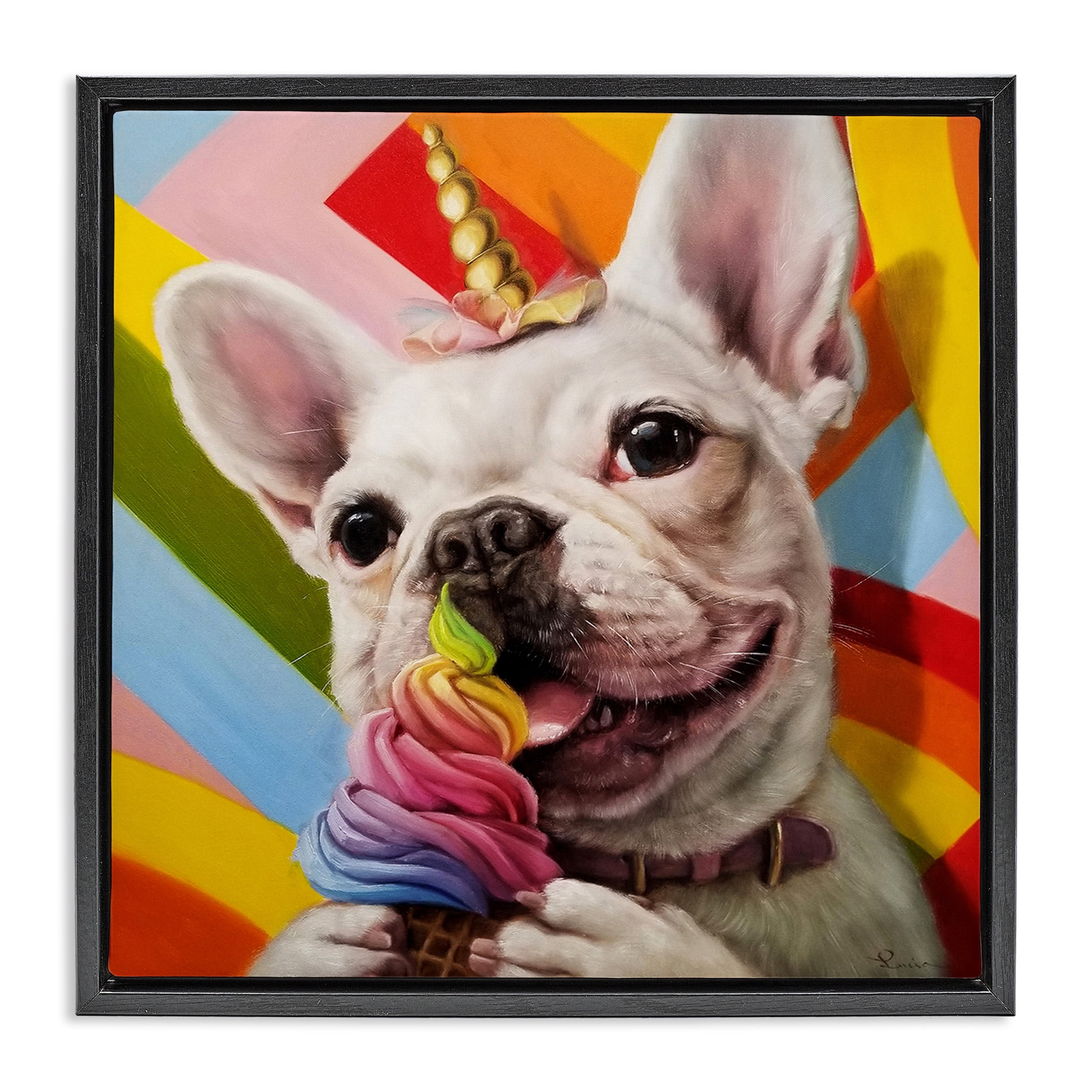 Stupell Industries Rainbow French Bulldog Ice Cream Animals & Insects Painting Black Floater Framed Canvas Art Print Wall Art, 25 x 25