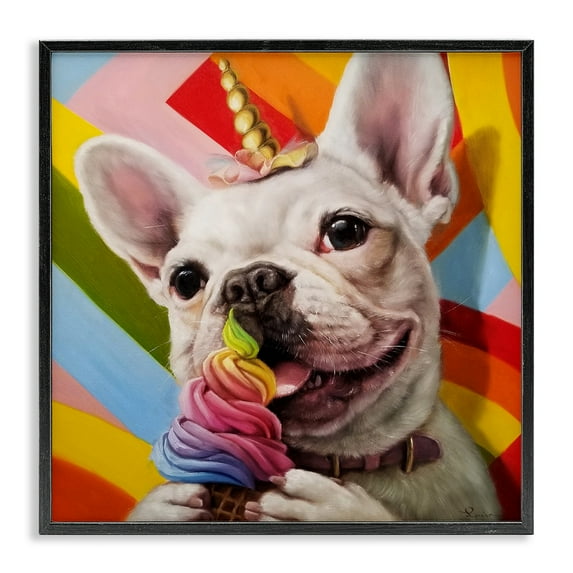Stupell Industries Rainbow French Bulldog Ice Cream Animals & Insects Painting Black Framed Art Print Wall Art, 17 x 17