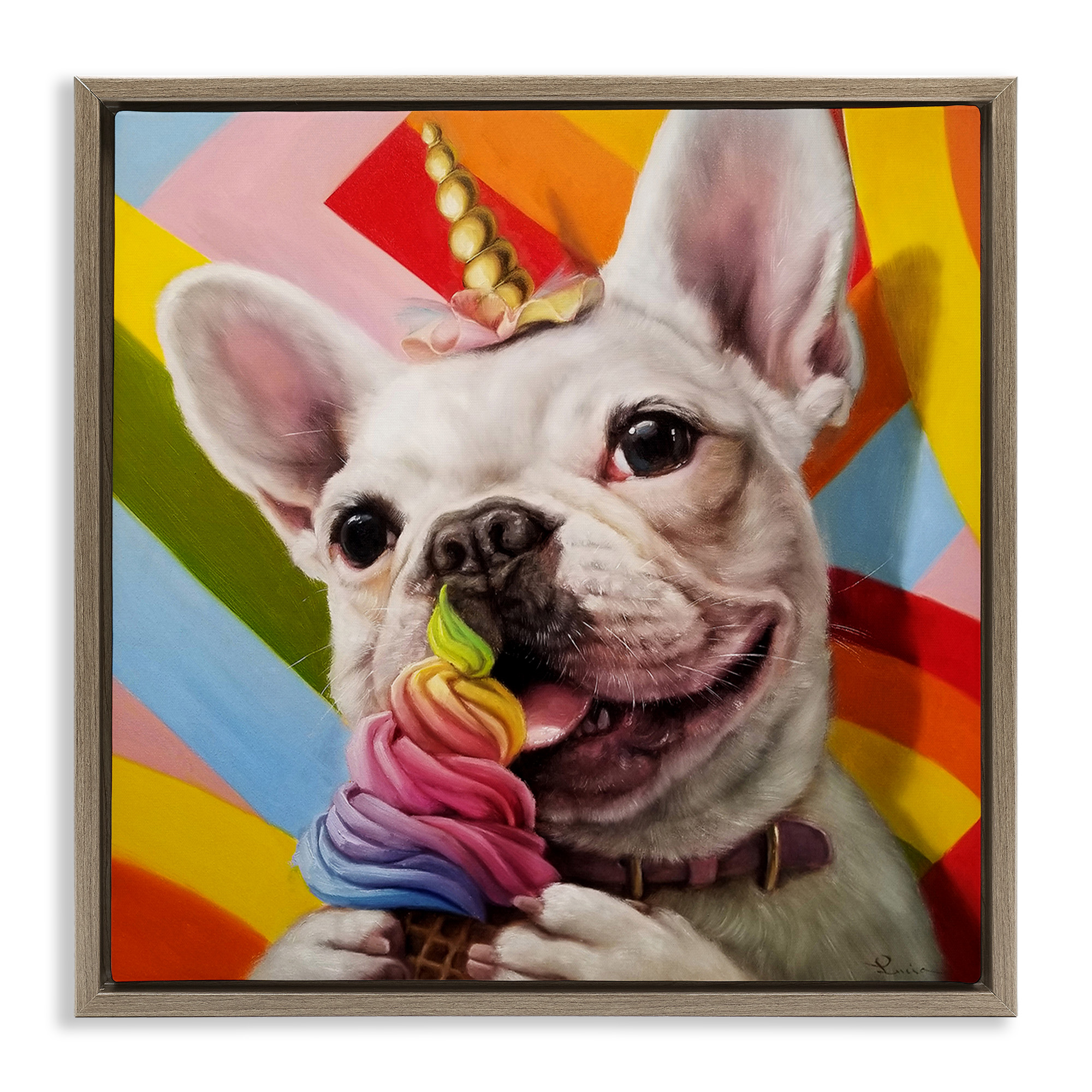 Stupell Industries Rainbow French Bulldog Ice Cream Animals & Insects Painting Brown Floater Framed Canvas Art Print Wall Art, 18 x 18
