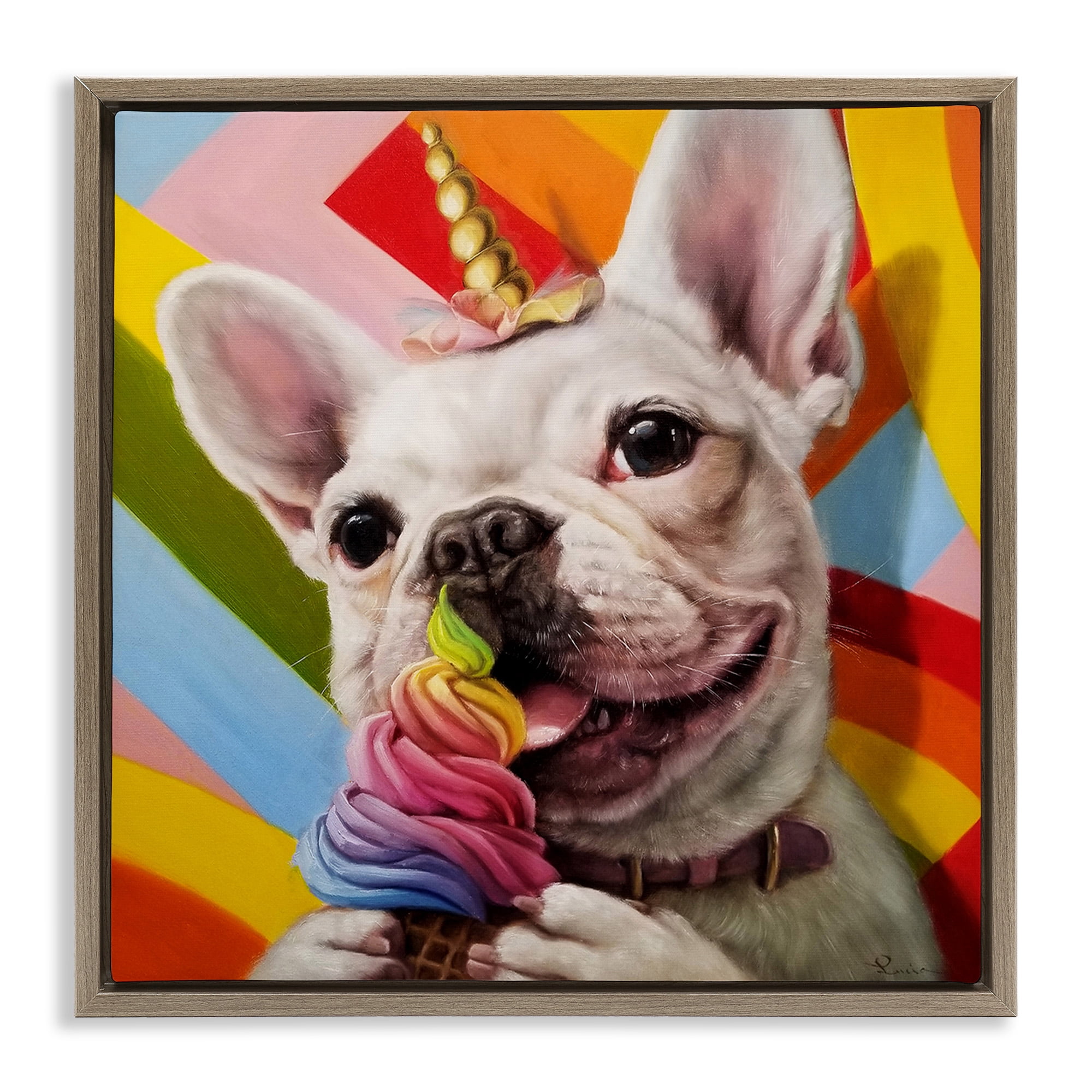 Stupell Industries Rainbow French Bulldog Ice Cream Animals & Insects Painting Brown Floater Framed Canvas Art Print Wall Art, 25 x 25