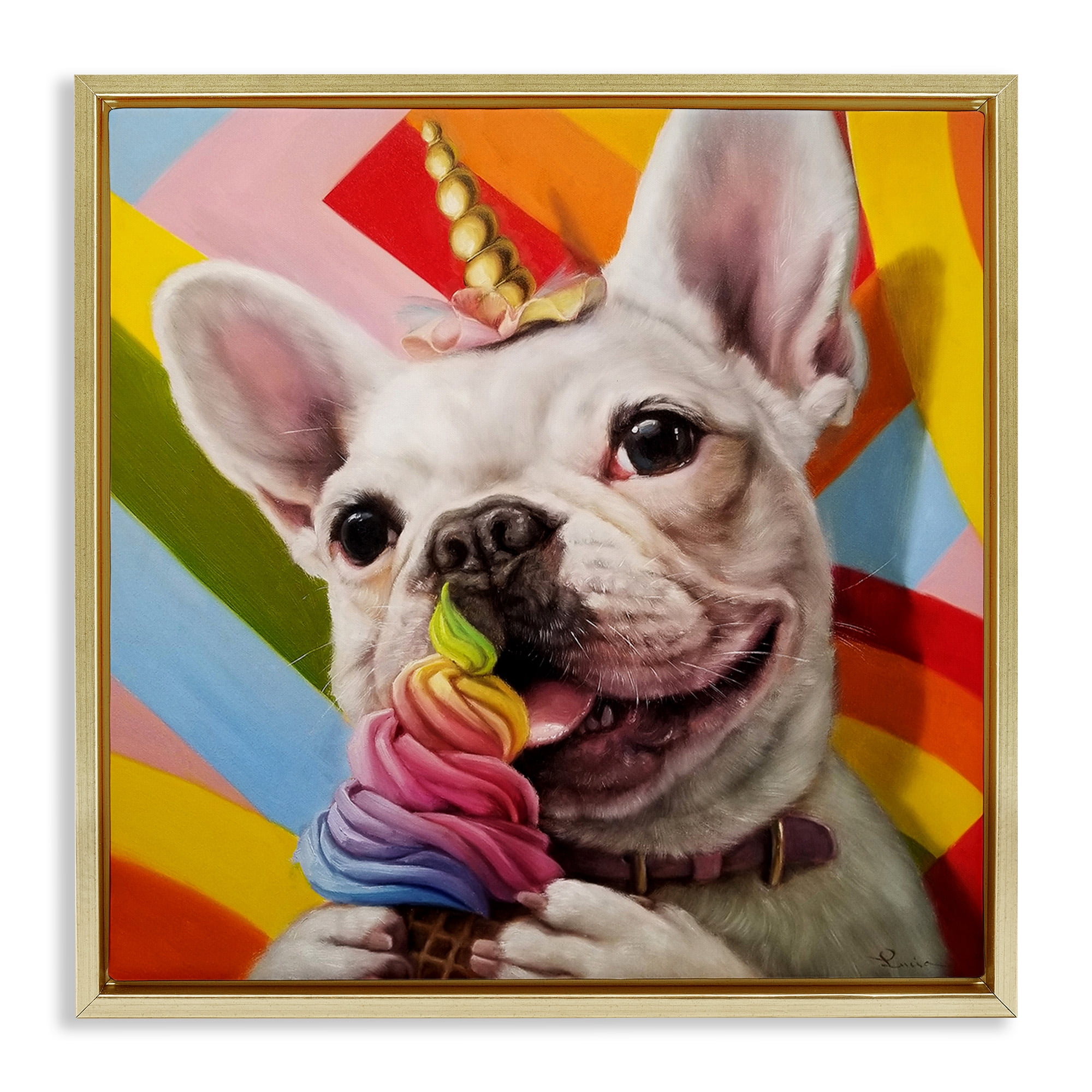Stupell Industries Rainbow French Bulldog Ice Cream Animals & Insects Painting Gold Floater Framed Canvas Art Print Wall Art, 18 x 18