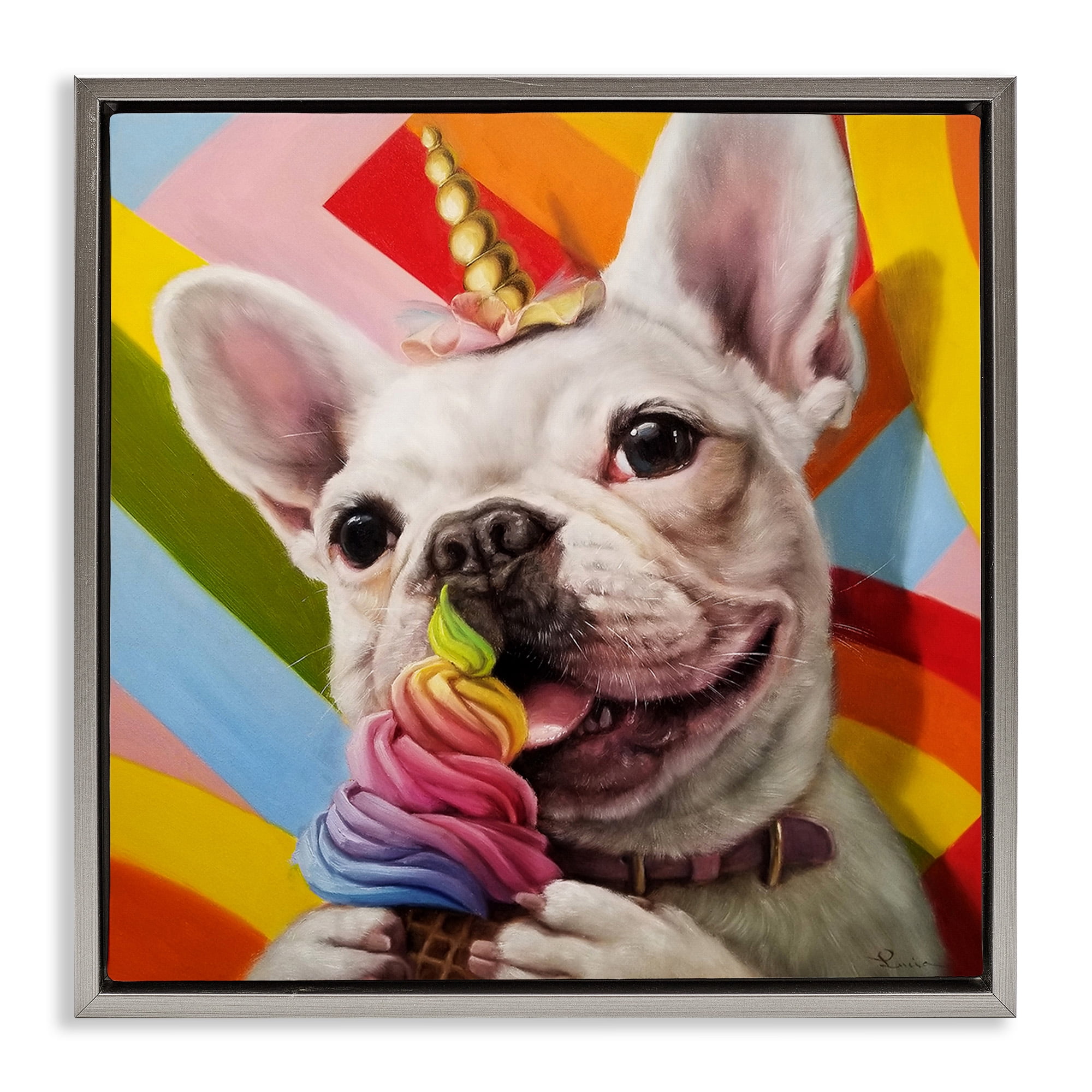 Stupell Industries Rainbow French Bulldog Ice Cream Animals & Insects Painting Gray Floater Framed Canvas Art Print Wall Art, 18 x 18