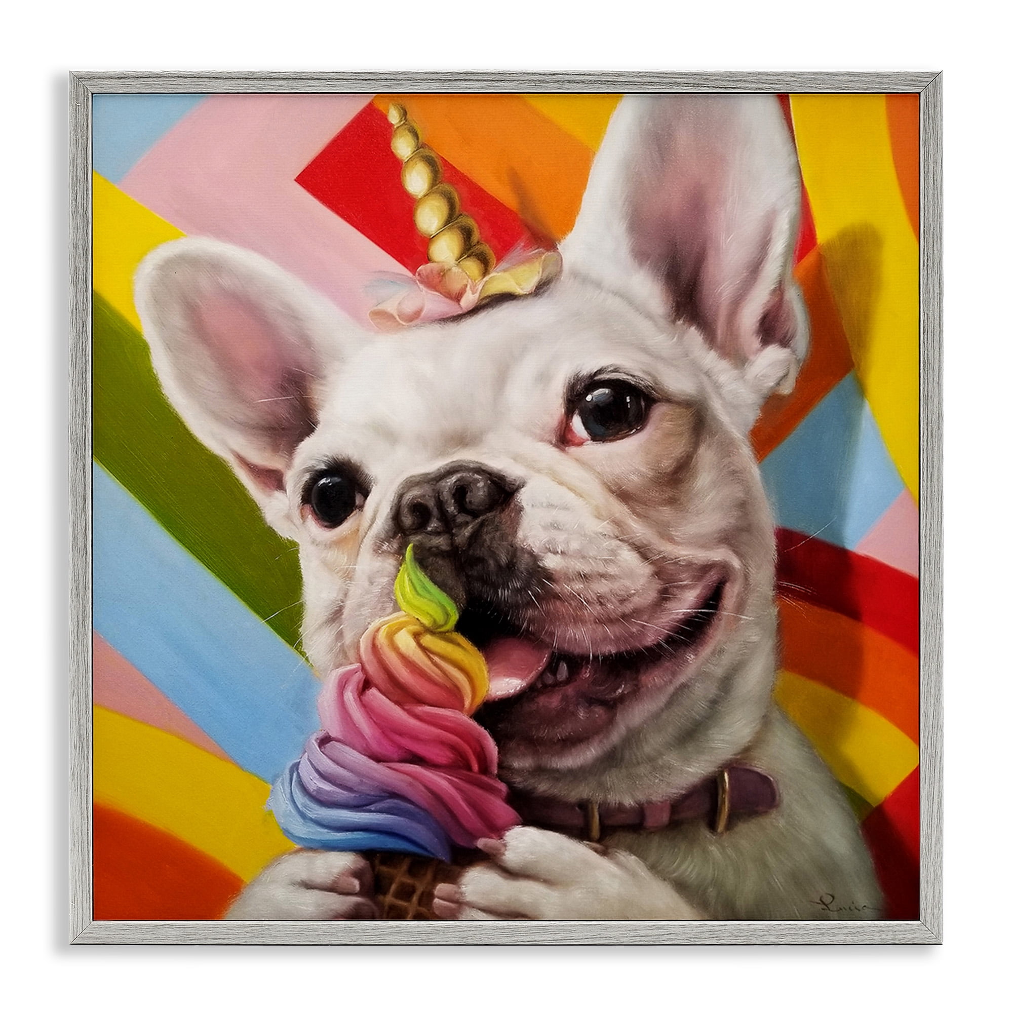 Stupell Industries Rainbow French Bulldog Ice Cream Animals & Insects Painting Gray Framed Art Print Wall Art, 24 x 24