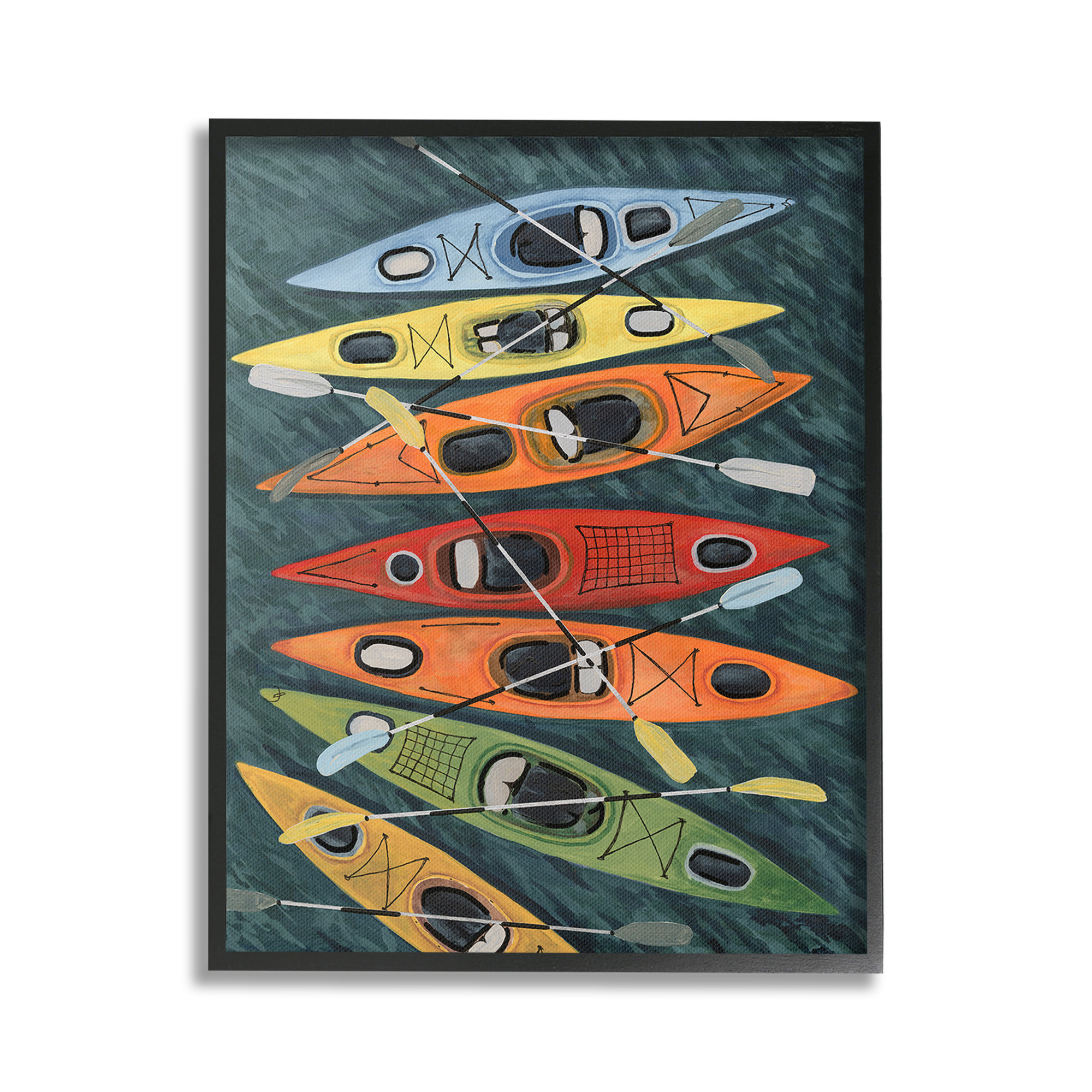 Stupell Industries Rainbow Hue Kayaks Transportation Painting Black Framed Art Print Wall Art, 16 x 20