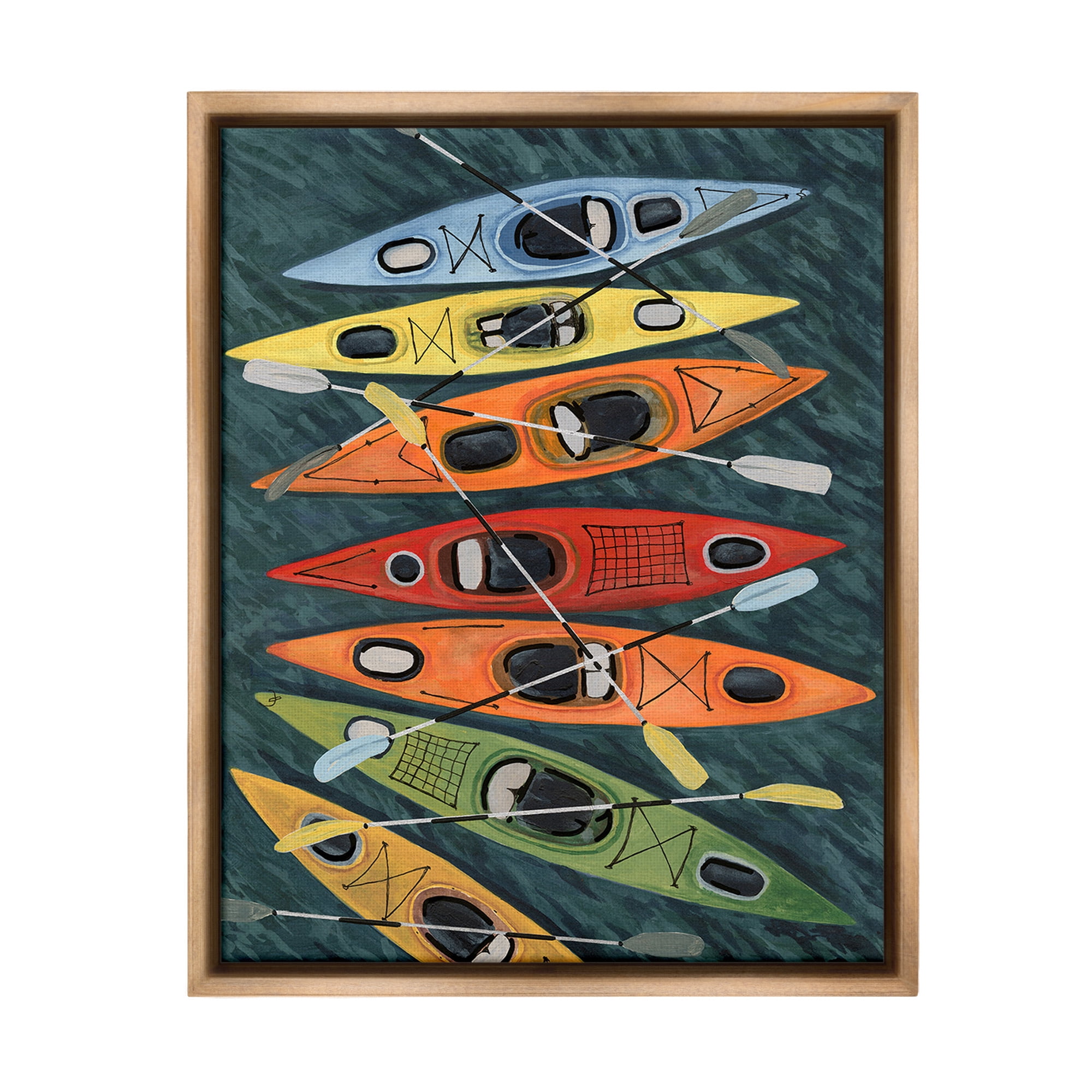 Stupell Industries Rainbow Hue Kayaks Transportation Painting Brown Floater Framed Canvas Art Print Wall Art, 17 x 21
