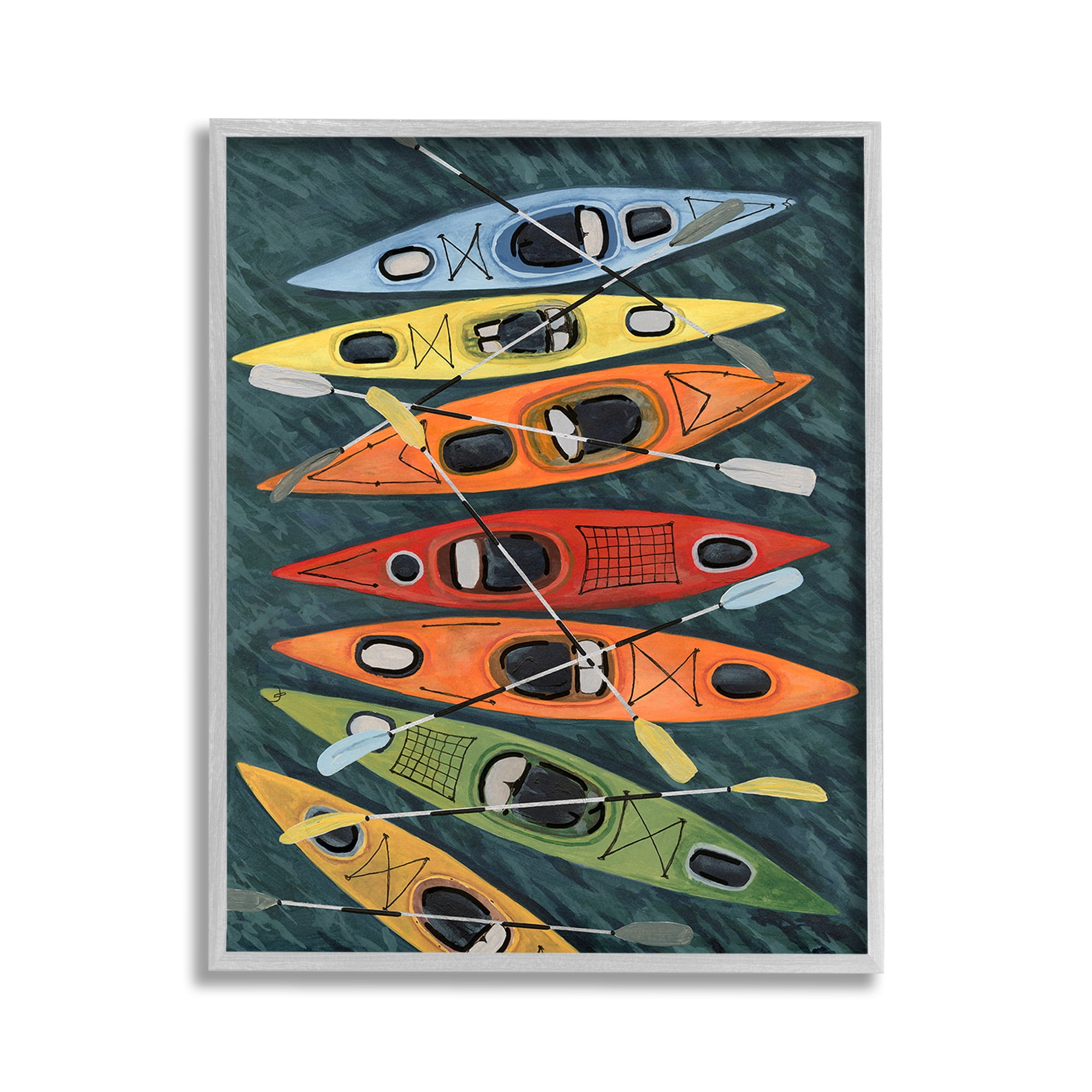 Stupell Industries Rainbow Hue Kayaks Transportation Painting Gray Framed Art Print Wall Art, 11 x 14