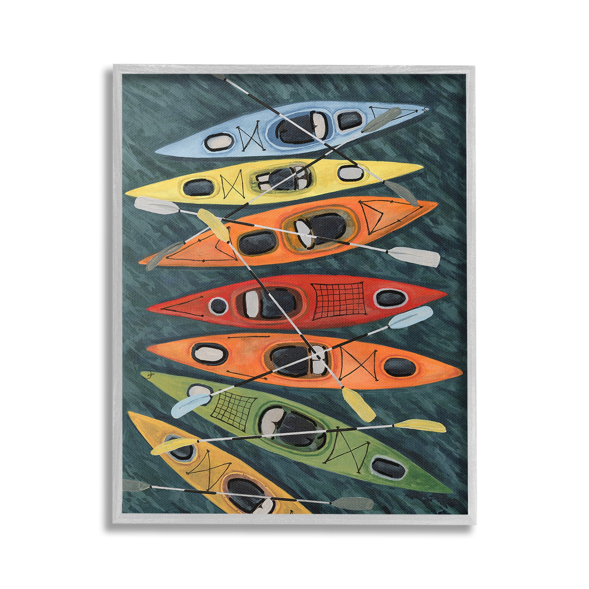 Stupell Industries Rainbow Hue Kayaks Transportation Painting Gray Framed Art Print Wall Art, 16 x 20
