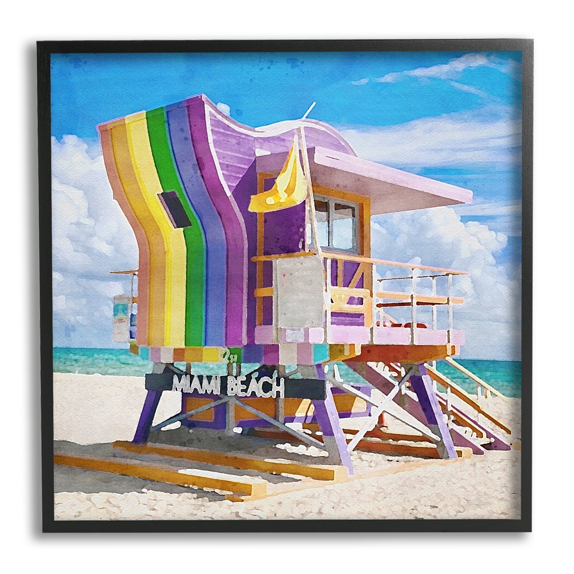 Stupell Industries Rainbow Lifeguard Hut Nature Painting Black Framed Art Print Wall Art, 24 x 24
