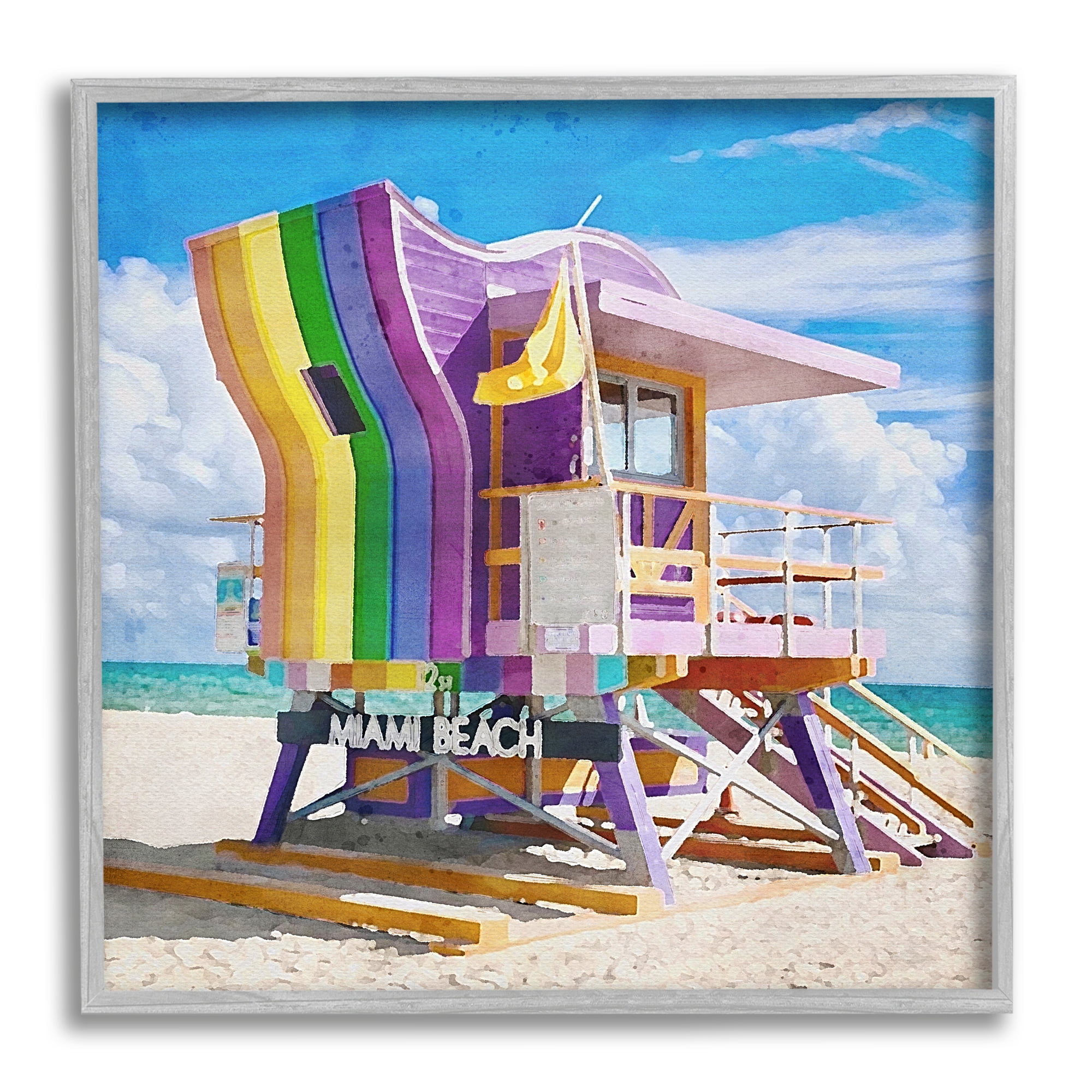 Stupell Industries Rainbow Lifeguard Hut Nature Painting Gray Framed Art Print Wall Art, 17 x 17