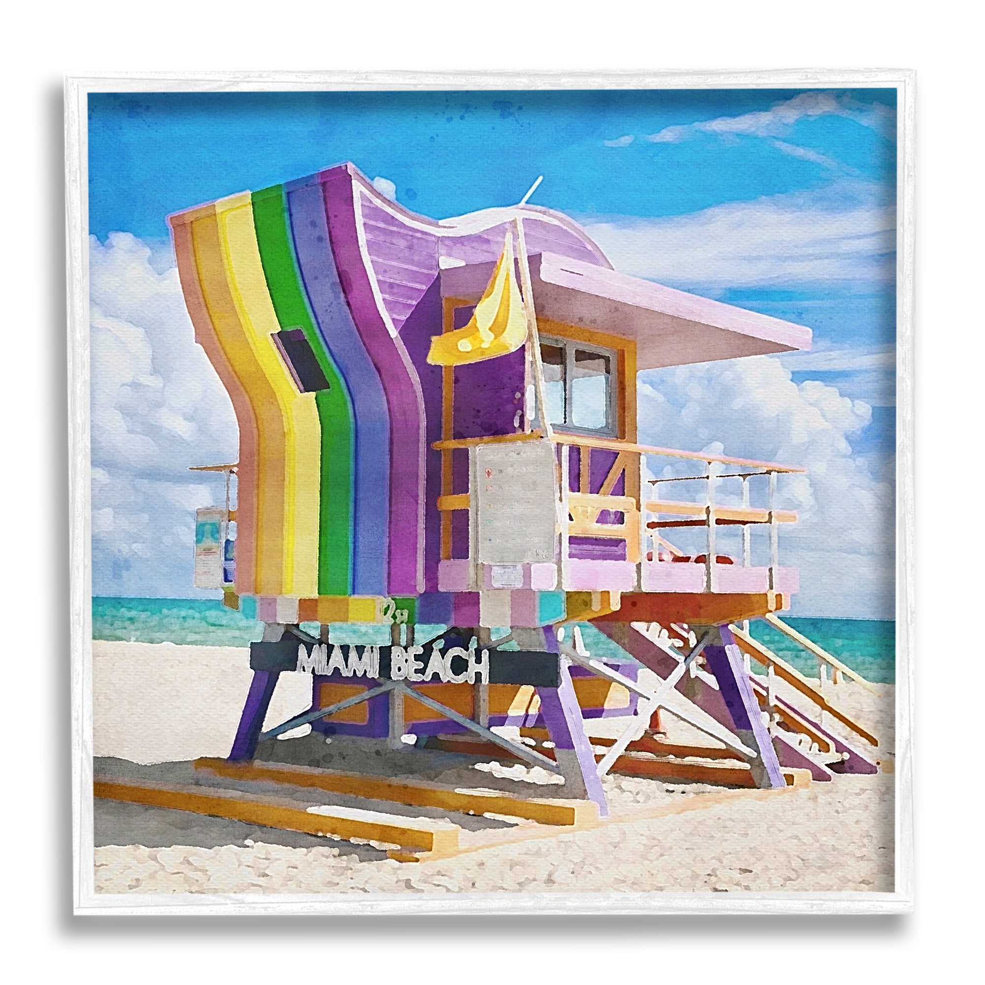 Stupell Industries Rainbow Lifeguard Hut Nature Painting White Framed Art Print Wall Art, 17 x 17