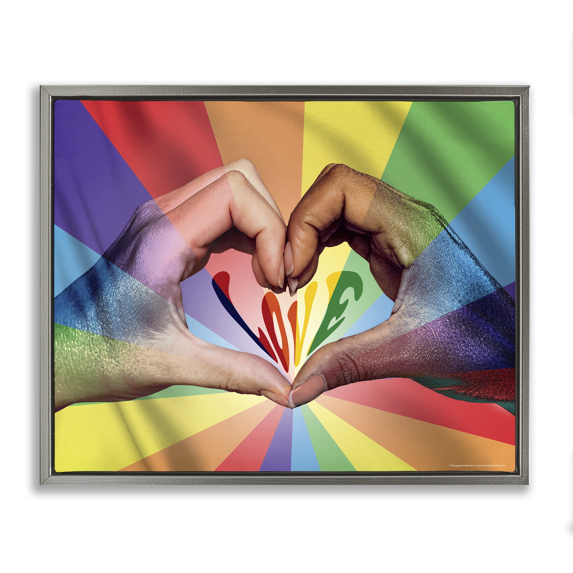 Stupell Industries Rainbow Love Hands Symbol People Painting Gray Floater Framed Canvas Art Print Wall Art, 31 x 25