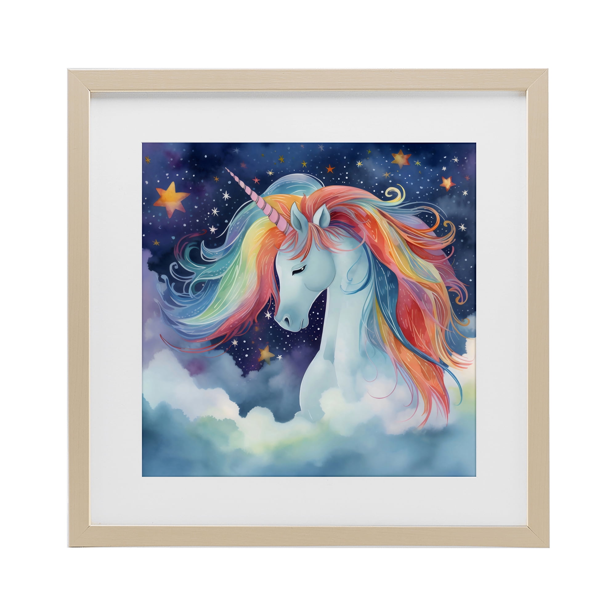 Stupell Industries Rainbow Mane Unicorn in Clouds Birch Framed Print Under Glass, design by Creative Studio