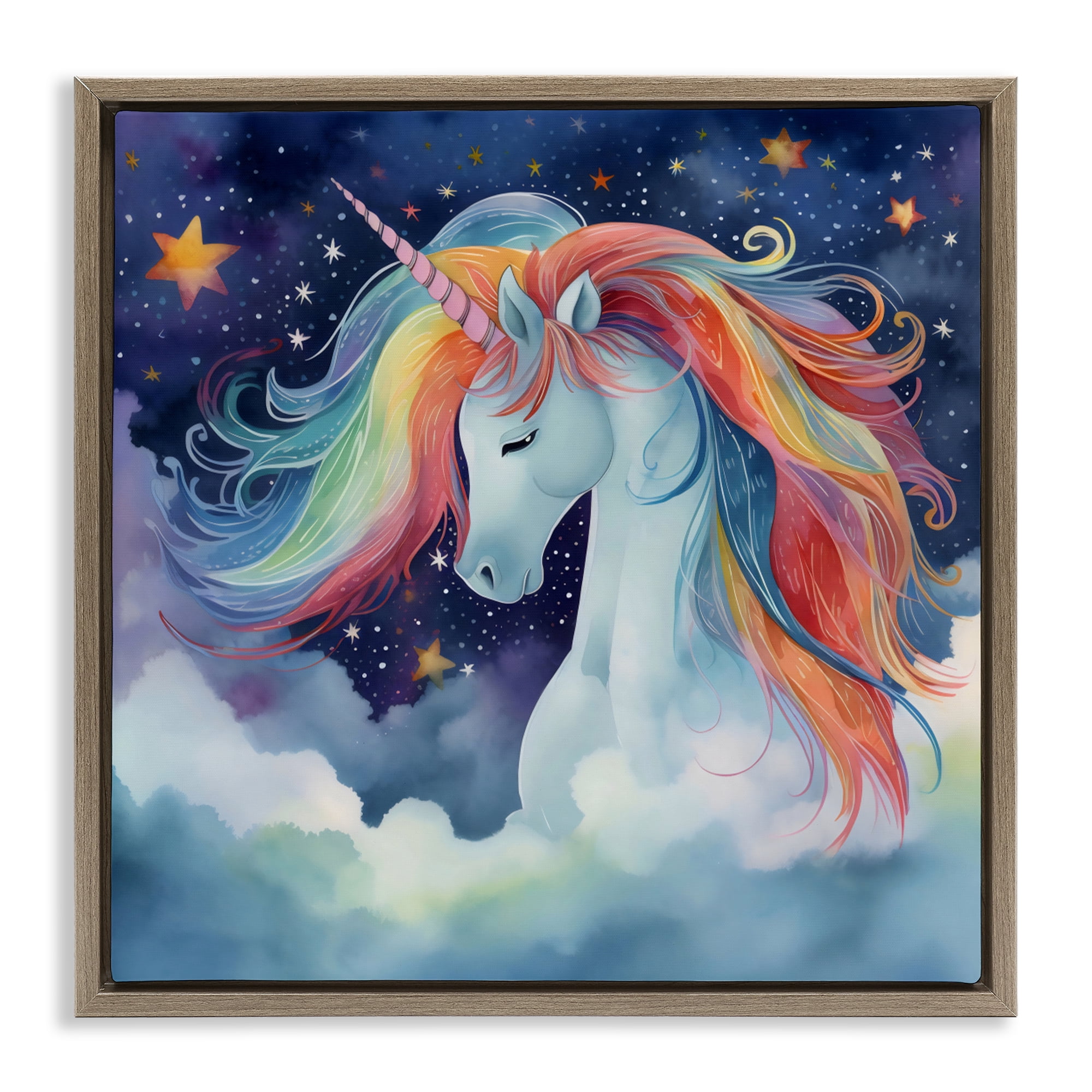 Stupell Industries Rainbow Mane Unicorn in Clouds Brown Framed Floater Canvas Wall Art, design by Creative Studio