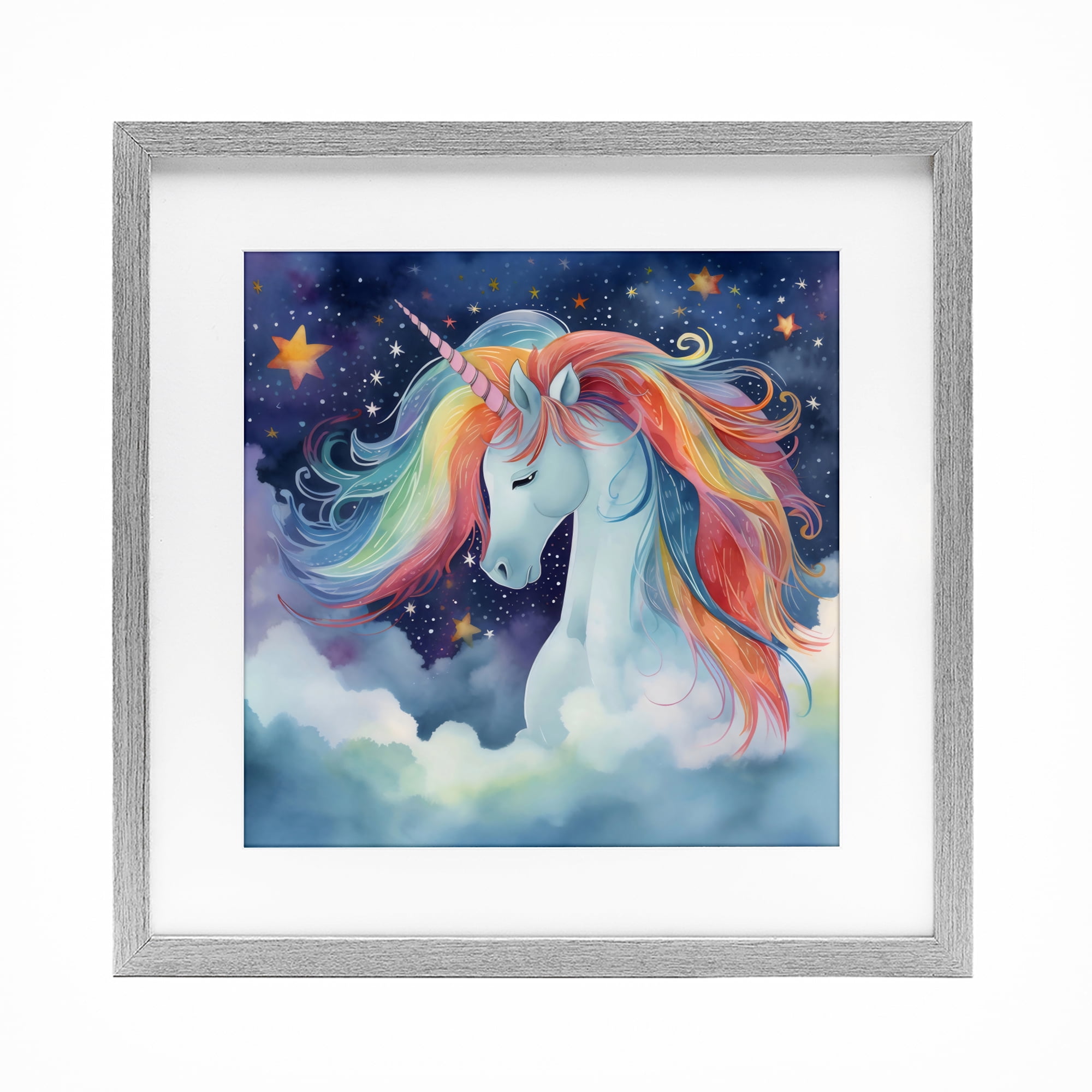 Stupell Industries Rainbow Mane Unicorn in Clouds Gray Framed Print Under Glass, design by Creative Studio