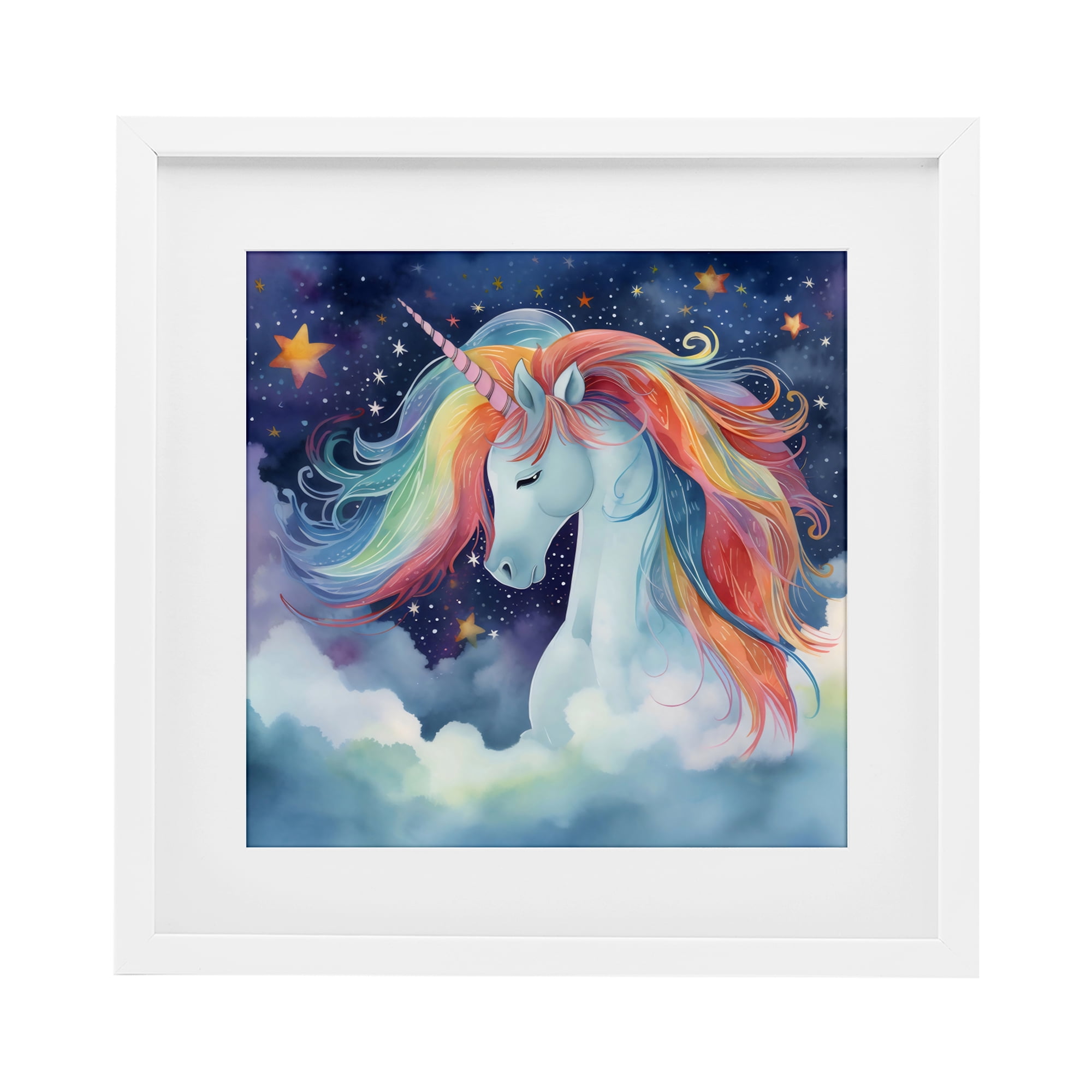 Stupell Industries Rainbow Mane Unicorn in Clouds White Framed Print Under Glass, design by Creative Studio