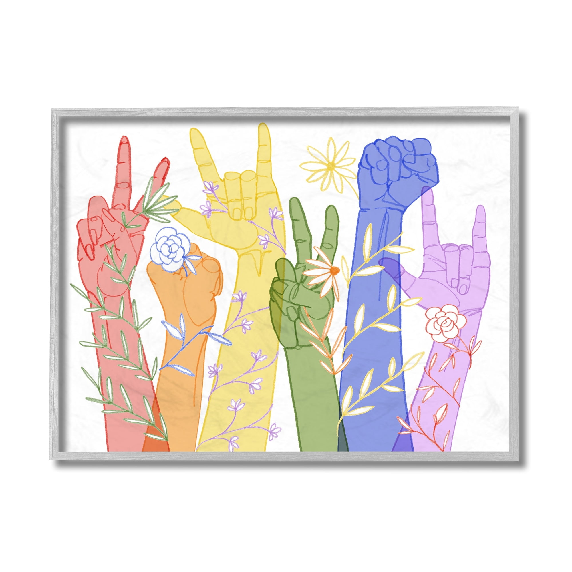 Stupell Industries Rainbow Peace Love Caring Hand Signs ASL Grey Framed byGrace Popp