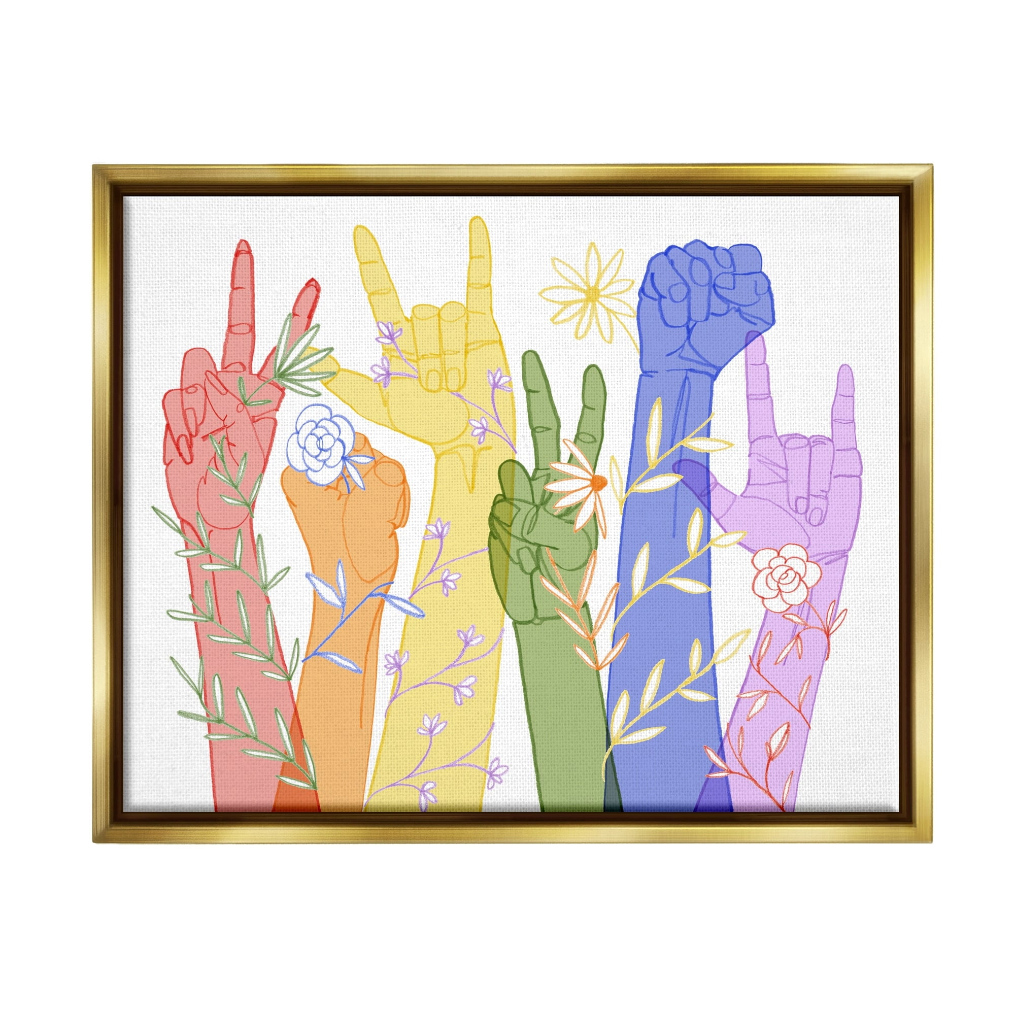 Stupell Industries Rainbow Peace Love Caring Hand Signs ASL Metallic Gold Framed Floating Canvas Wall Art, 24x30, by Grace Popp