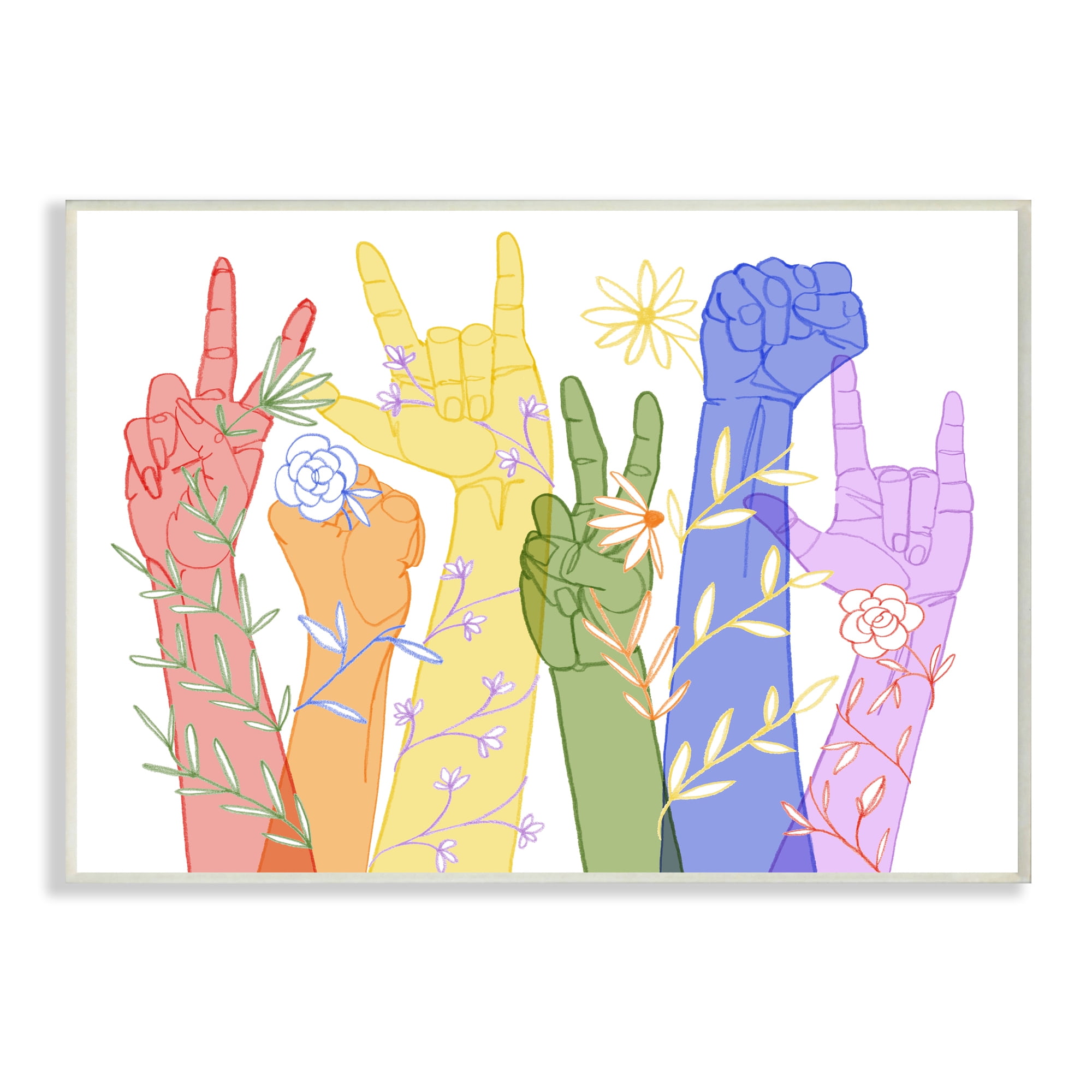 Stupell Industries Rainbow Peace Love Caring Hand Signs ASL Wood Wall Art 13 x 19