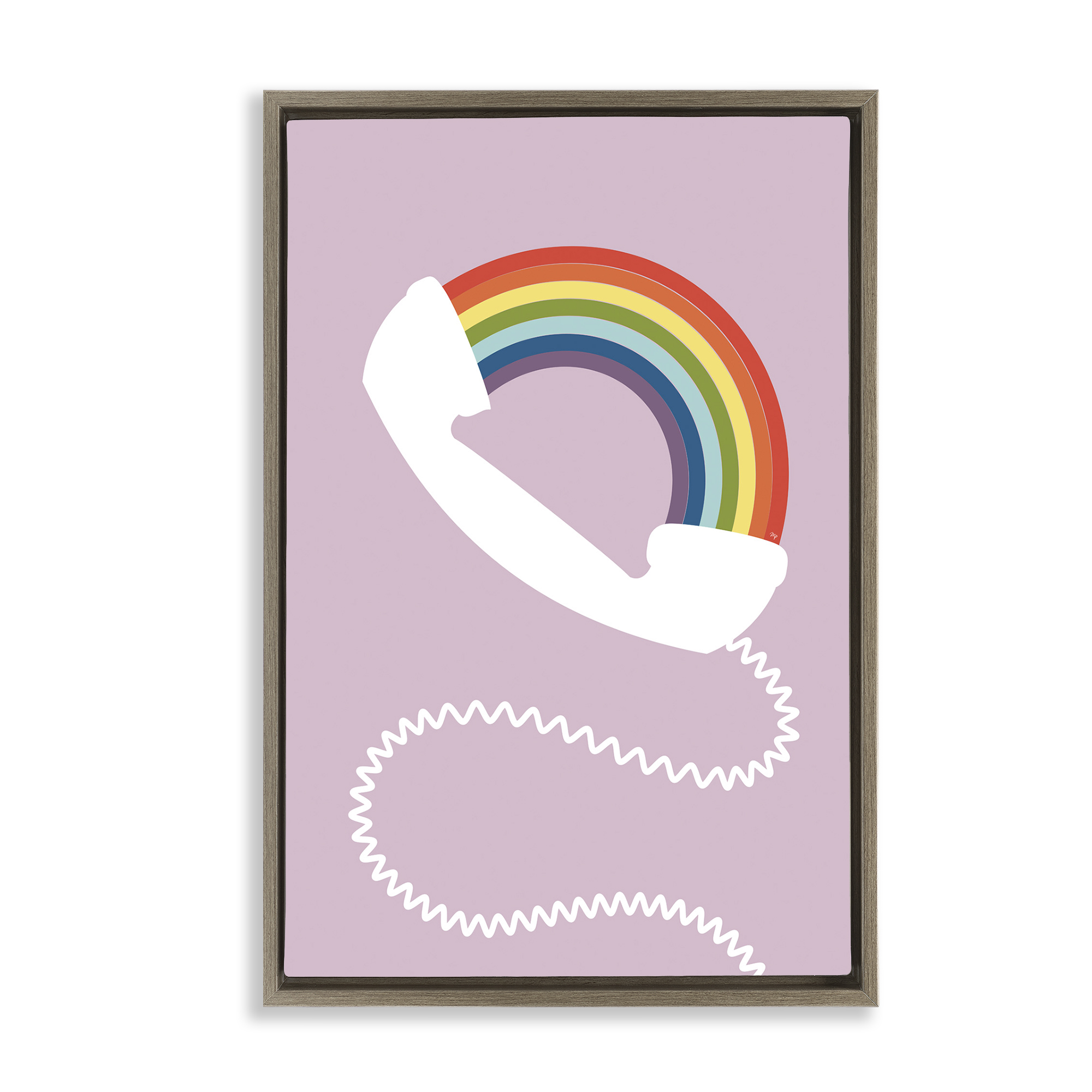 Stupell Industries Rainbow Phone on Pink Novelty Painting Brown Floater Framed Art Print Wall Art, 21 x 31