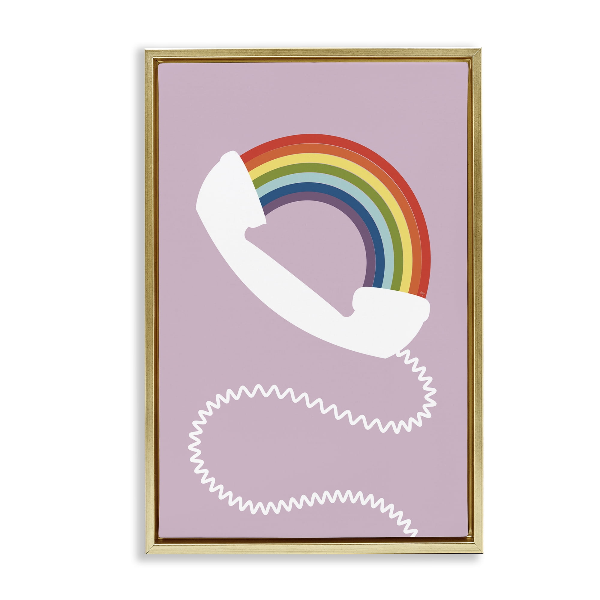 Stupell Industries Rainbow Phone on Pink Novelty Painting Gold Floater Framed Art Print Wall Art, 17 x 25