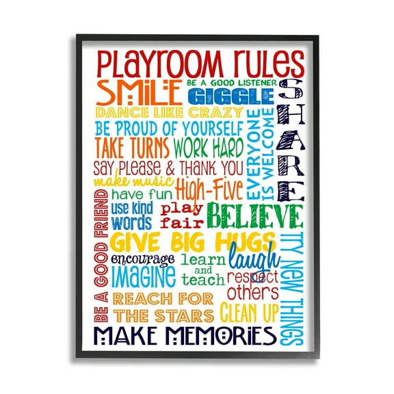 Stupell Industries Rainbow Playroom Rules Smile Textured Graphic Art Black Framed Art Print Wall Art, 16x20, by Erica Billups